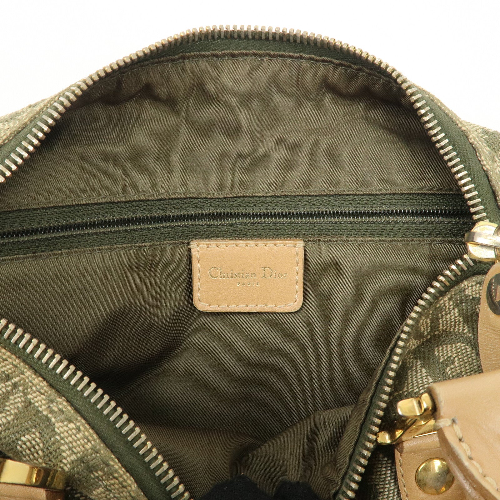 Christian Dior Trotter Canvas Leather Boston Bag White Khaki Used