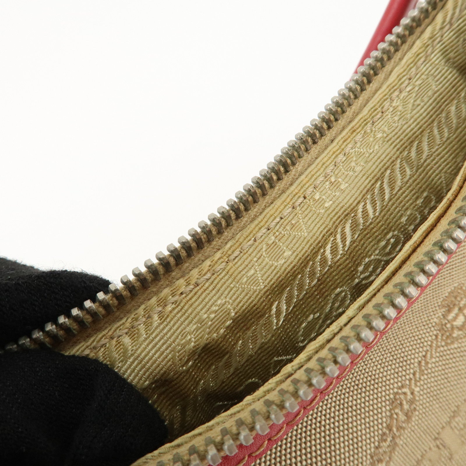 PRADA Logo Jacquard Leather Shoulder Bag Beige Red Used