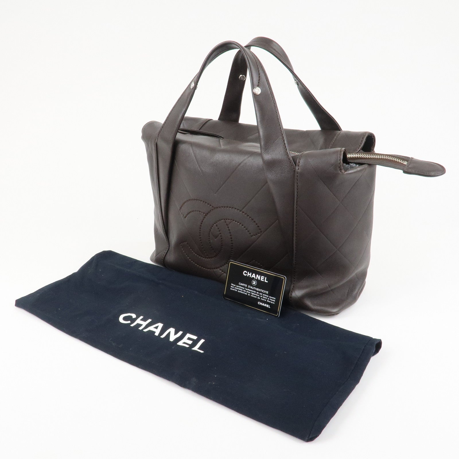 CHANEL COCO Mark Shevron Lamb Skin V Stich Tote Bag Dark Brown Used