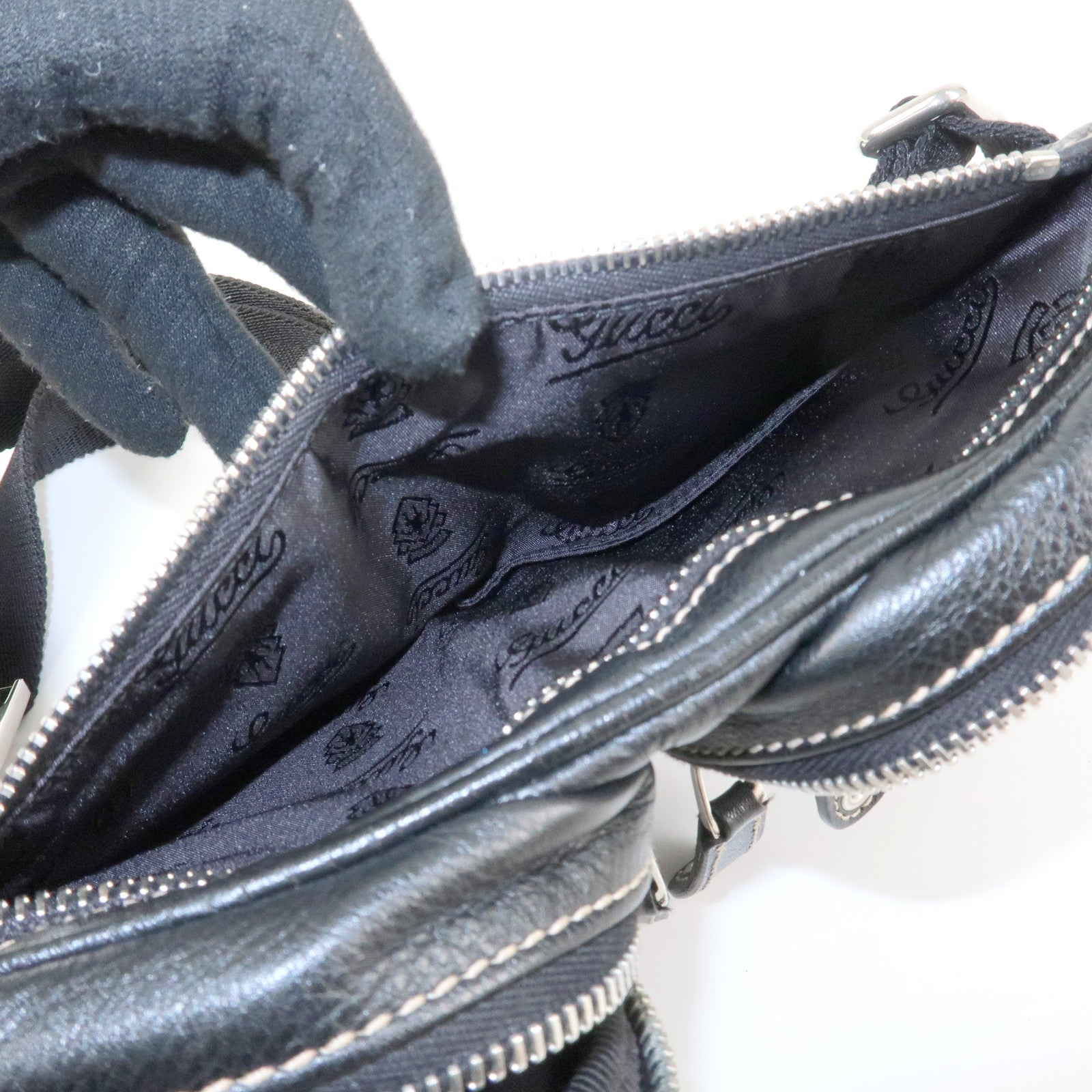 GUCCI Leather Nylon Waist Bag Cross Body Bag Black 201846 Used