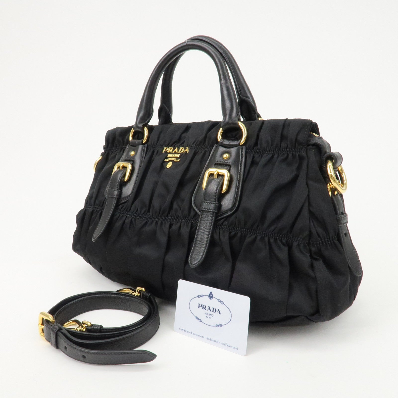 PRADA Logo Nylon Leather 2Way Bag Hand Bag Black NERO BN1407 Used