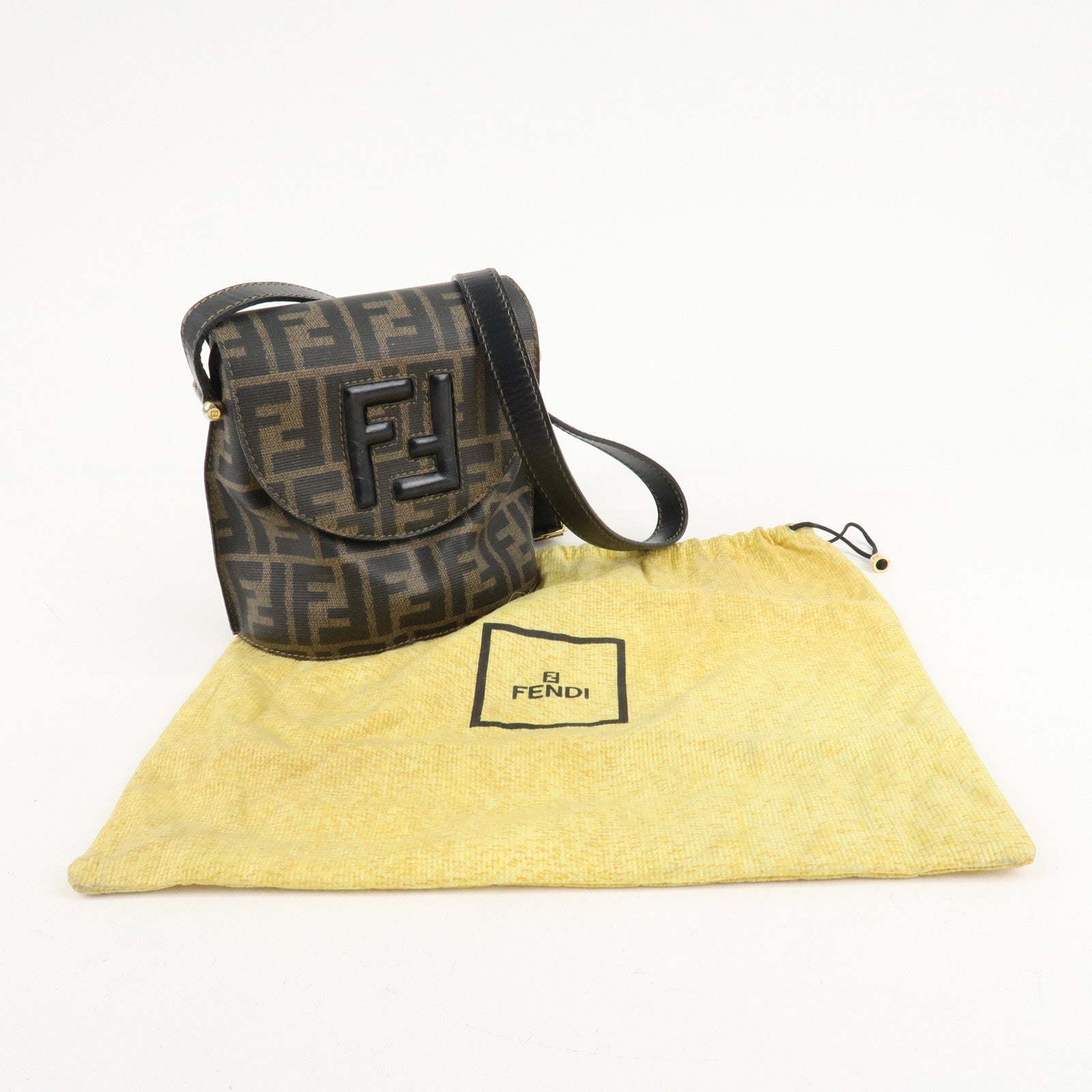 FENDI Zucca Logo Print PVC Leather Shoulder Bag Black Brown Used