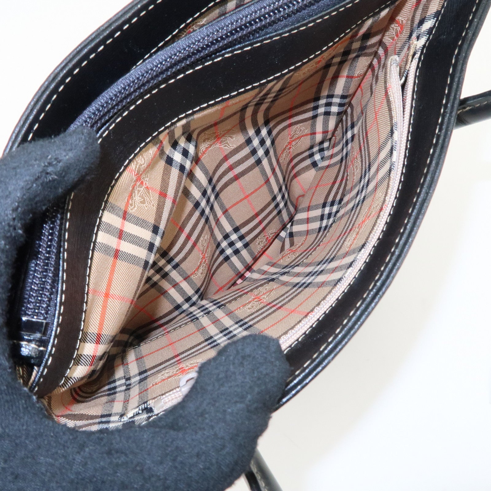 BURBERRY Logo Leather Tote Bag Hand Bag Black Used