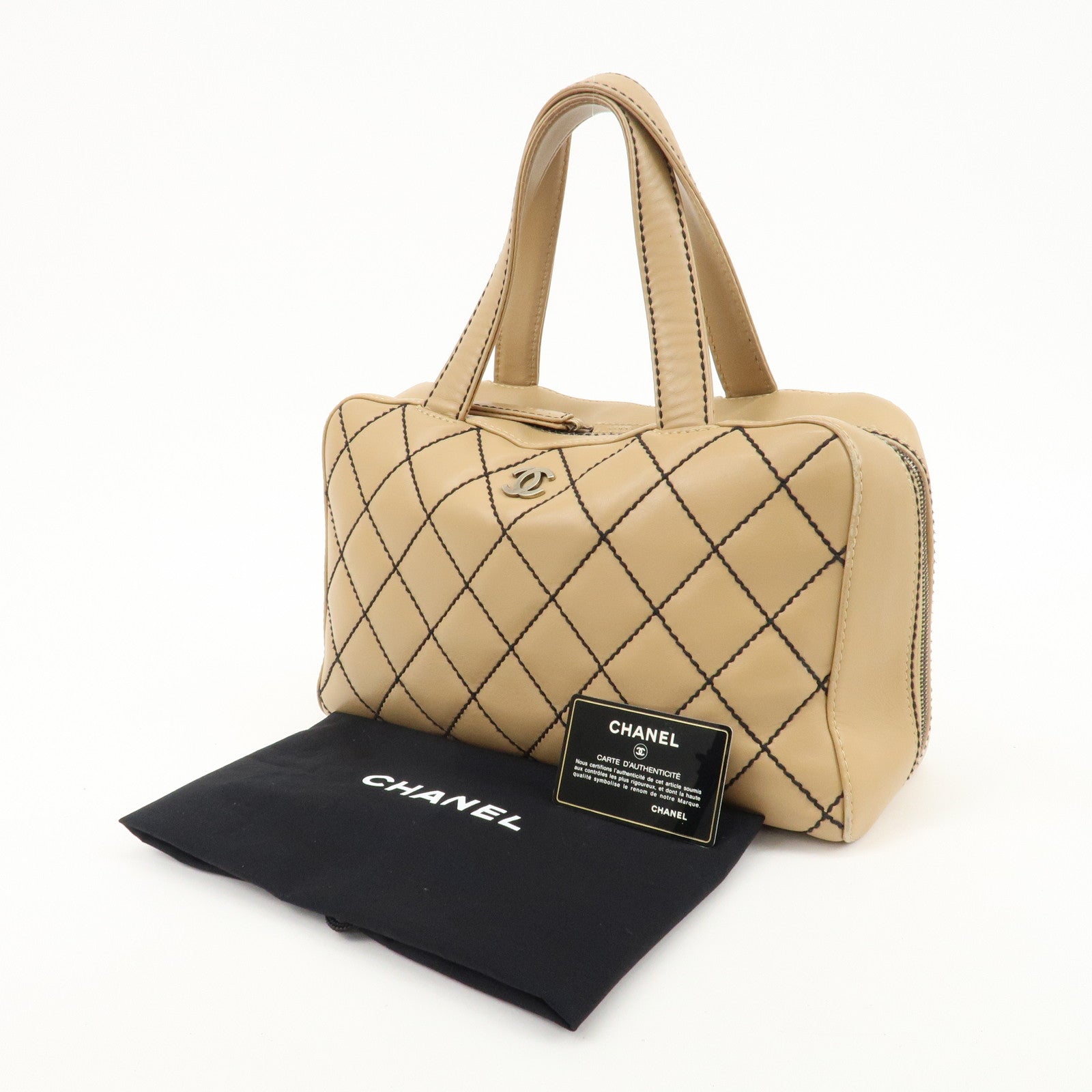 CHANEL Wild Stitch Lamb Skin Coco Mark Hand Bag Beige A14692 Used