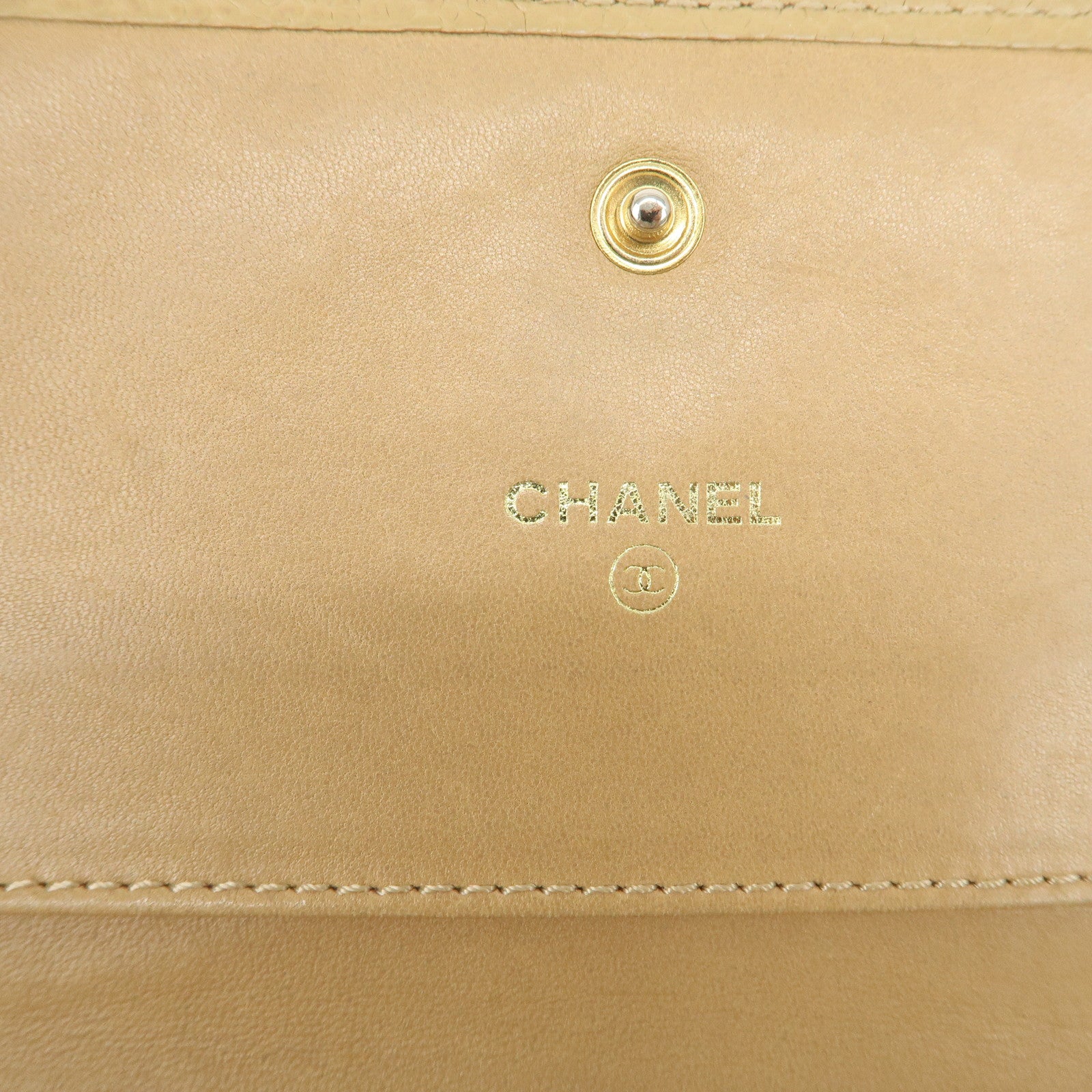 CHANEL Caviar Skin COCO Mark Tri-Fold Wallet Beige Gold Used