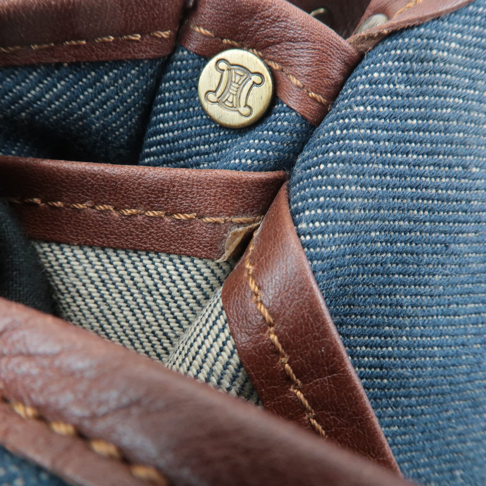 CELINE Macadam Denim Leather Shoulder Bag Blue Brown Used