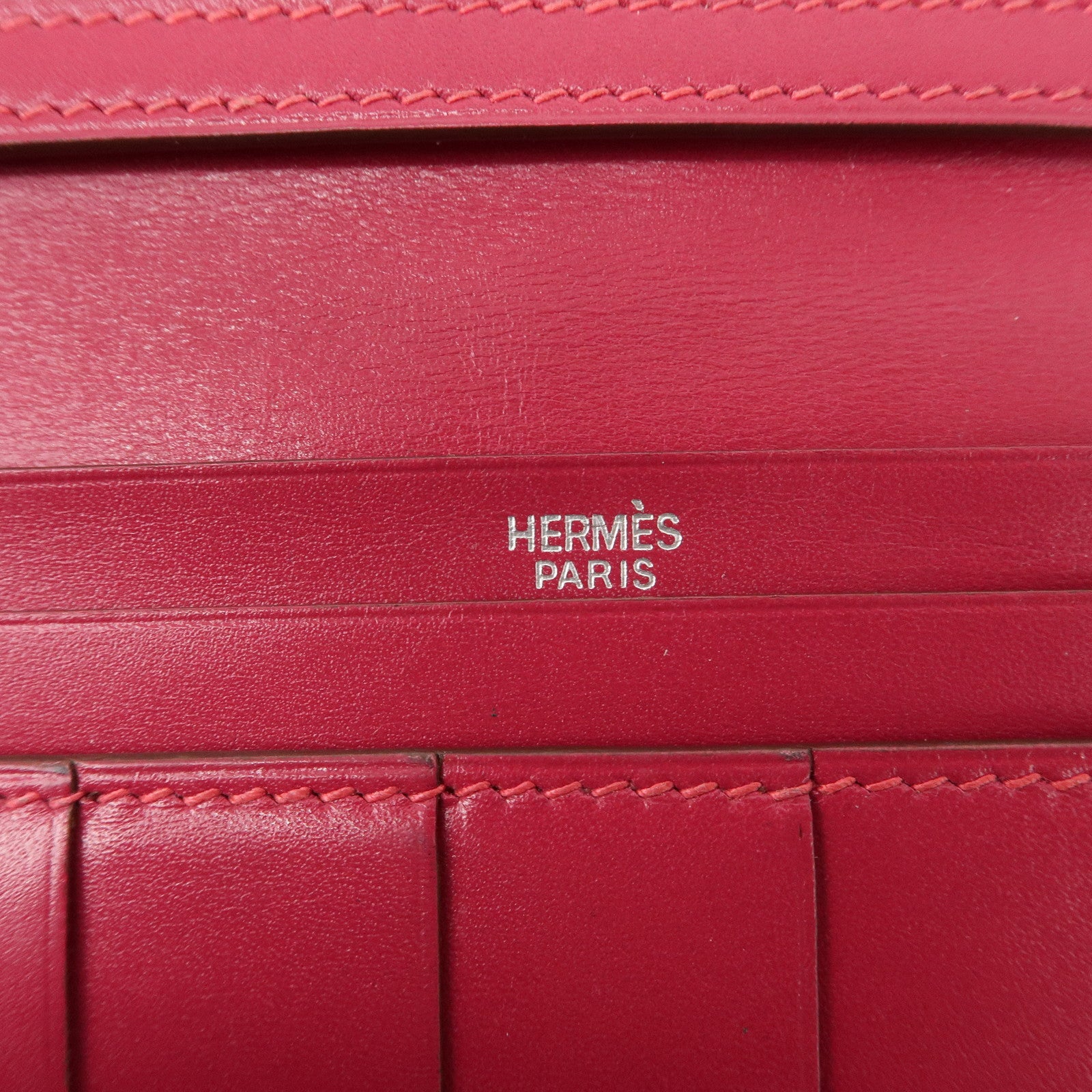 HERMES Leather Bearn I Engraved Long Wallet Pink Used