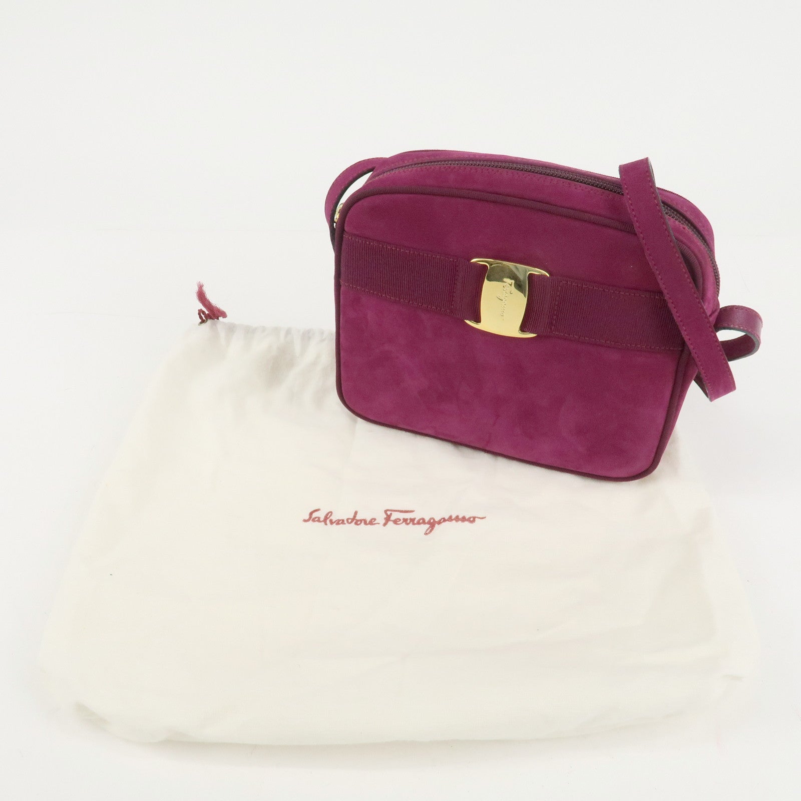 Ferragamo Vara Ribbon Suede Leather Shoulder Bag Purple Used