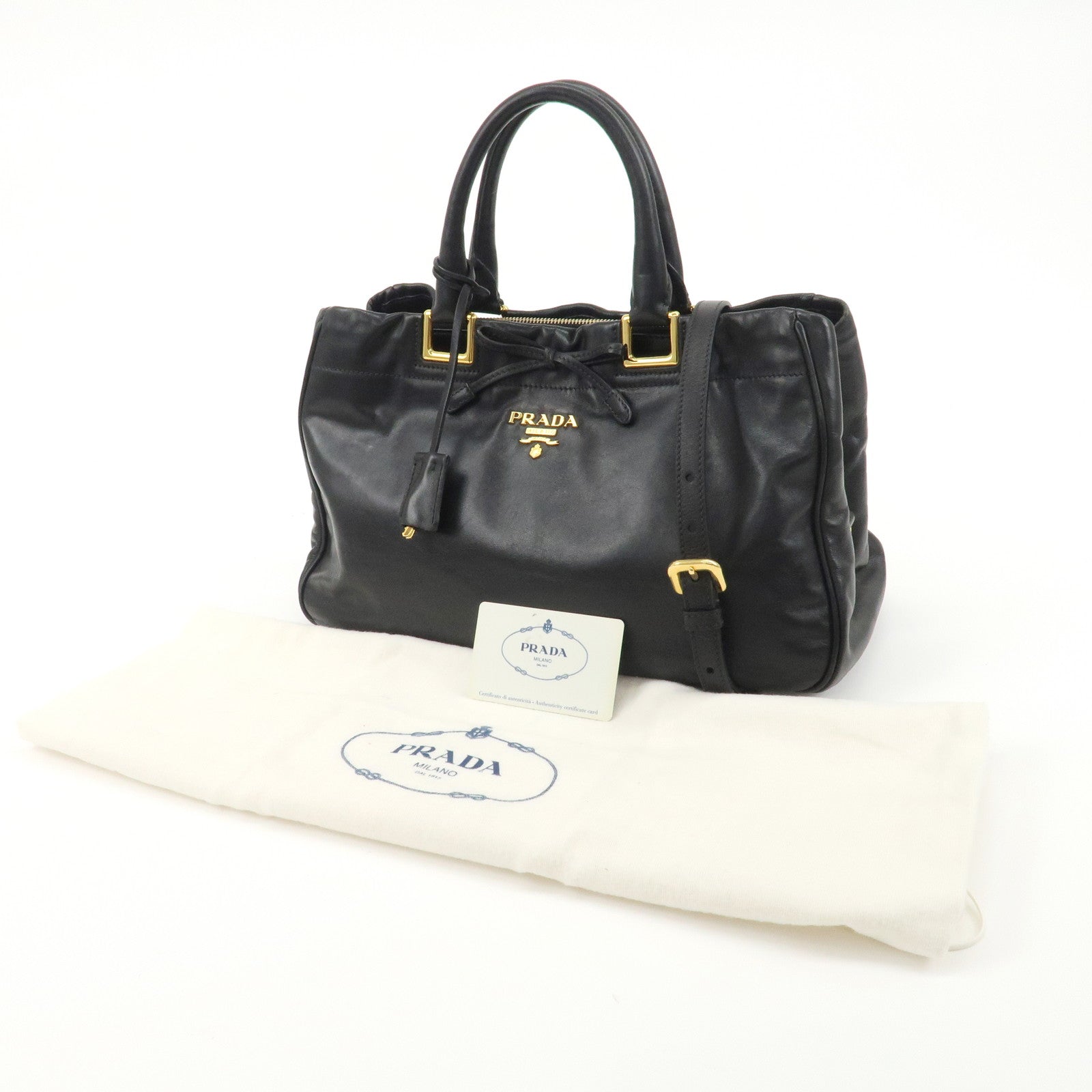 PRADA Leather Ribbon 2way Bag Hand Bag Black BN2244 Used