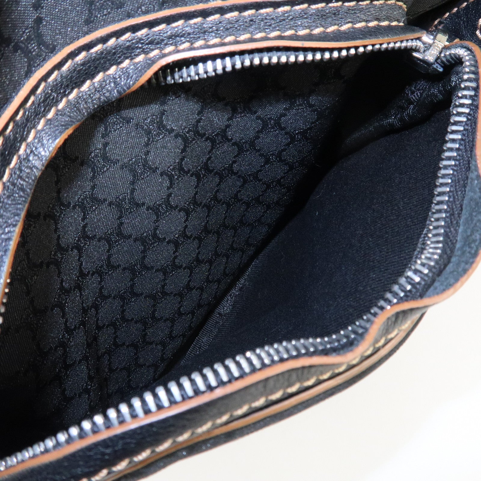 CELINE Macadam Canvas Leather Shoulder Bag Black Used