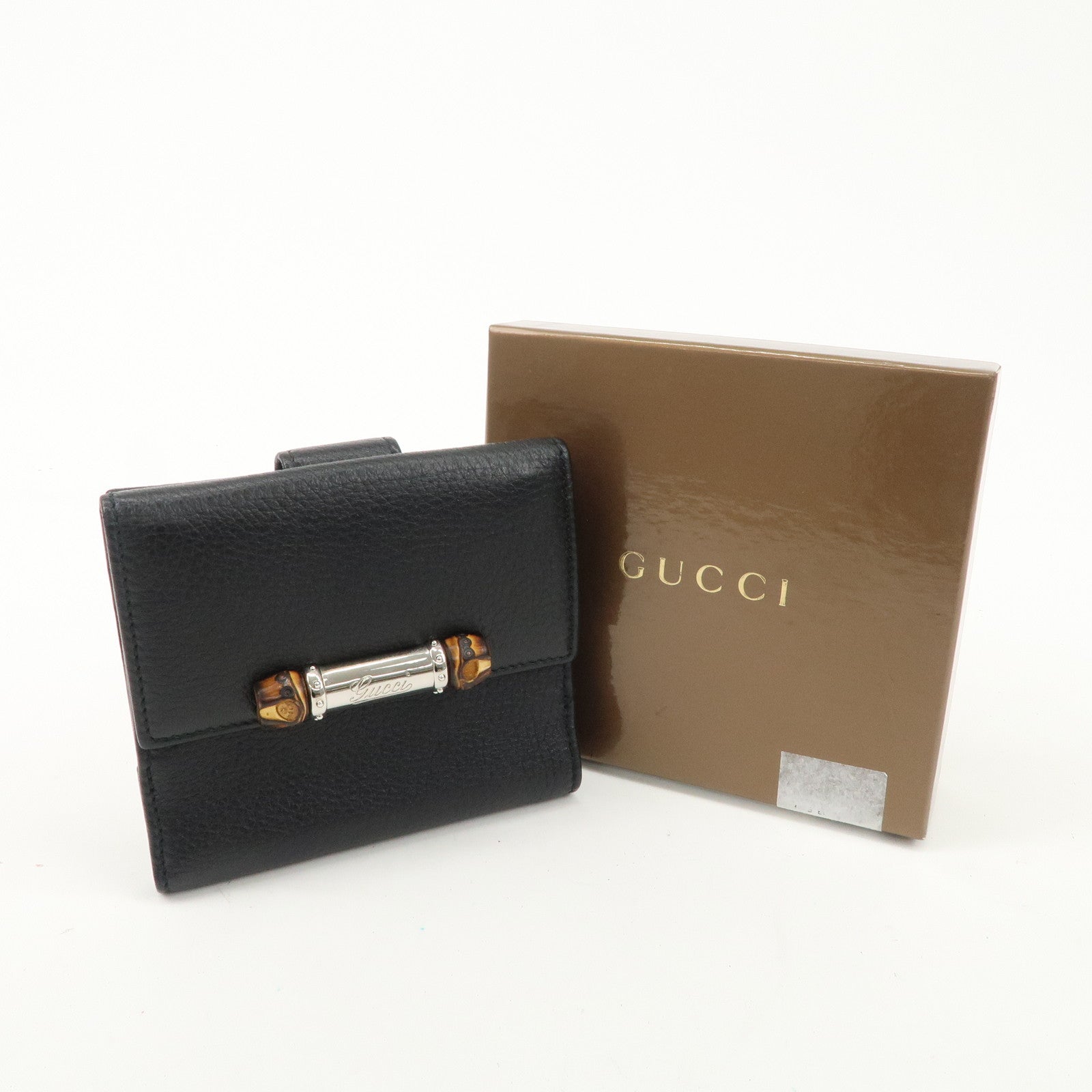 GUCCI Bamboo Leather W Hook Bi-fold Wallet Black 233049 Used