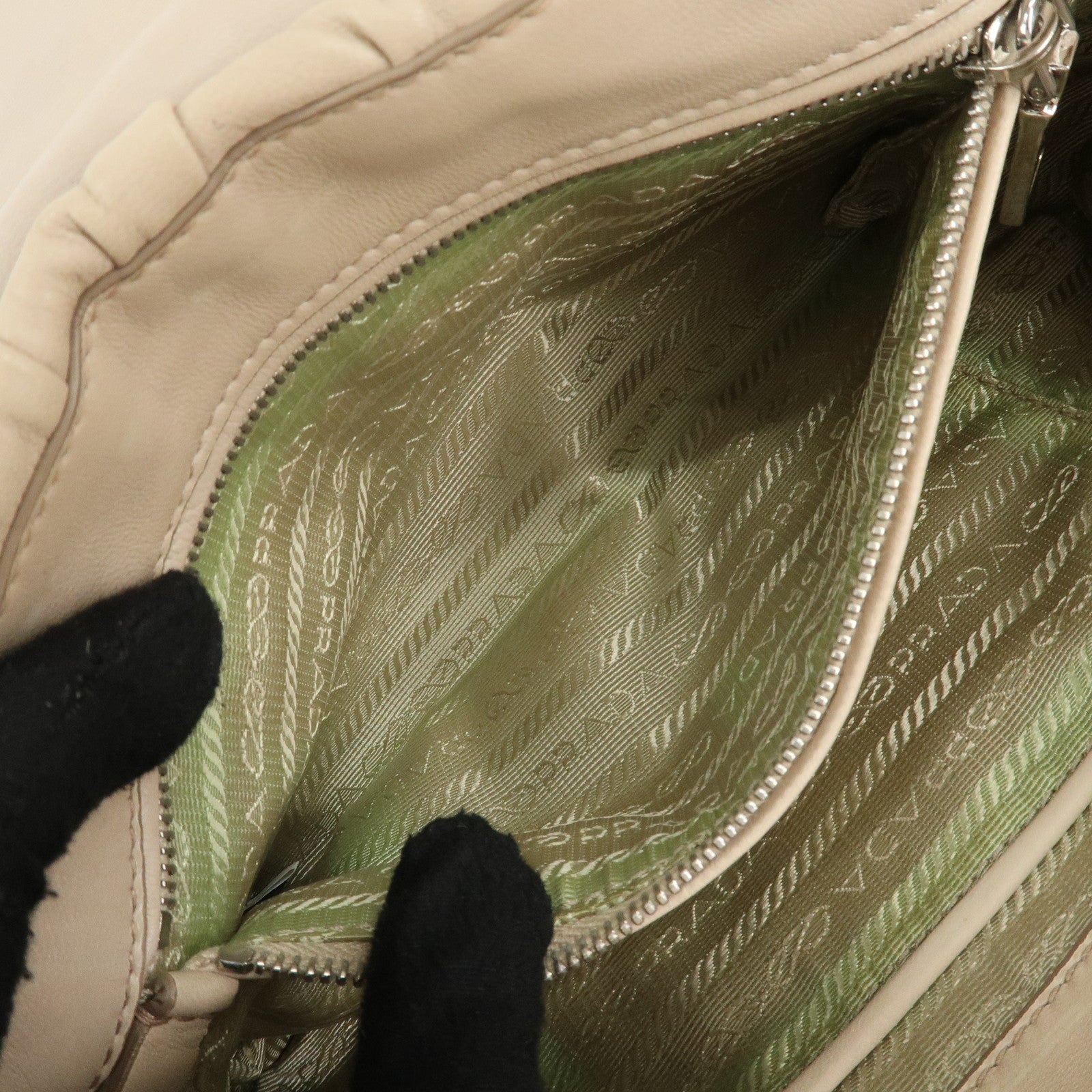 PRADA Leather Gathered Chain Shoulder Bag Ivory B4695C Used