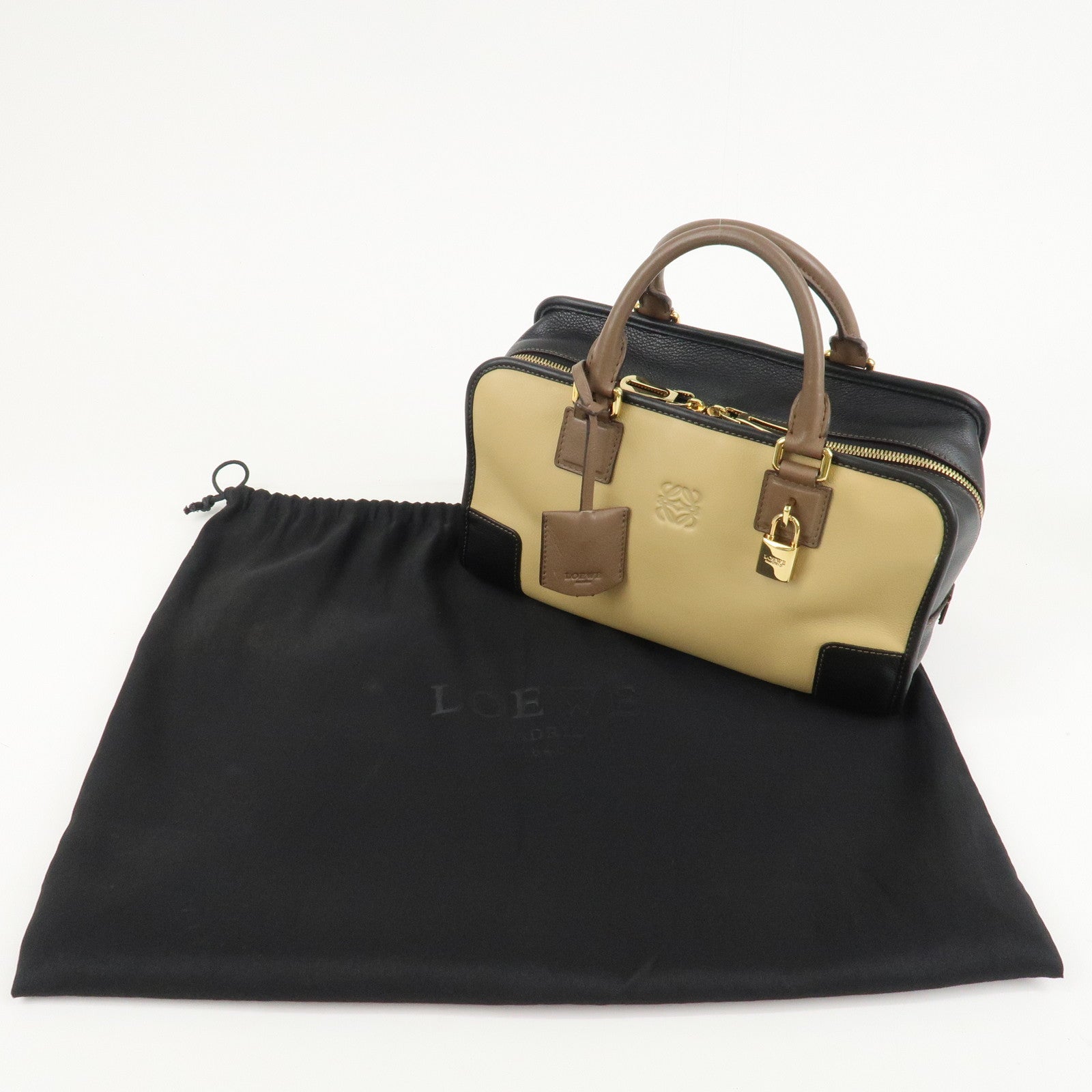 LOEWE Anagram Leather Amasona 28 Hand Bag Beige Black Brown Used