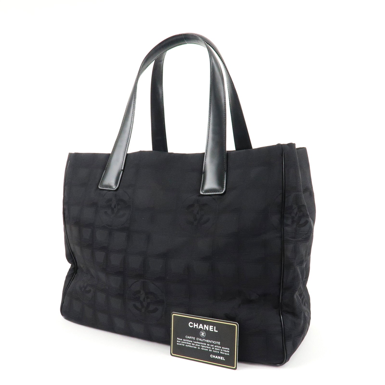 CHANEL New Travel Line Nylon Jacquard Leather Tote Bag MM Black A15991 Used