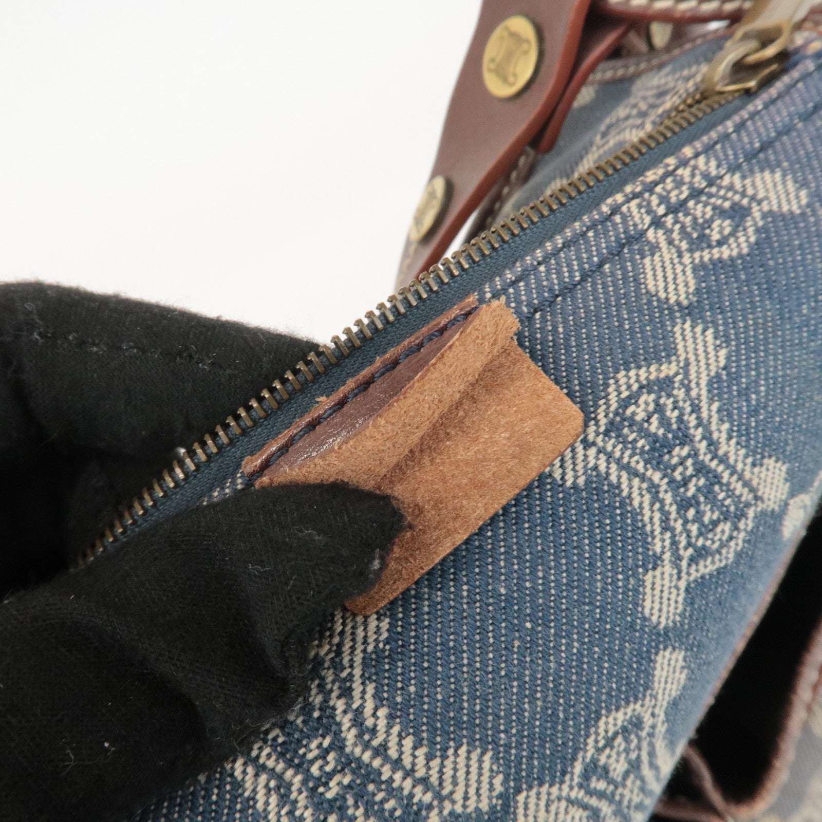 CELINE Macadam Denim Leather Shoulder Bag Blue Brown Used