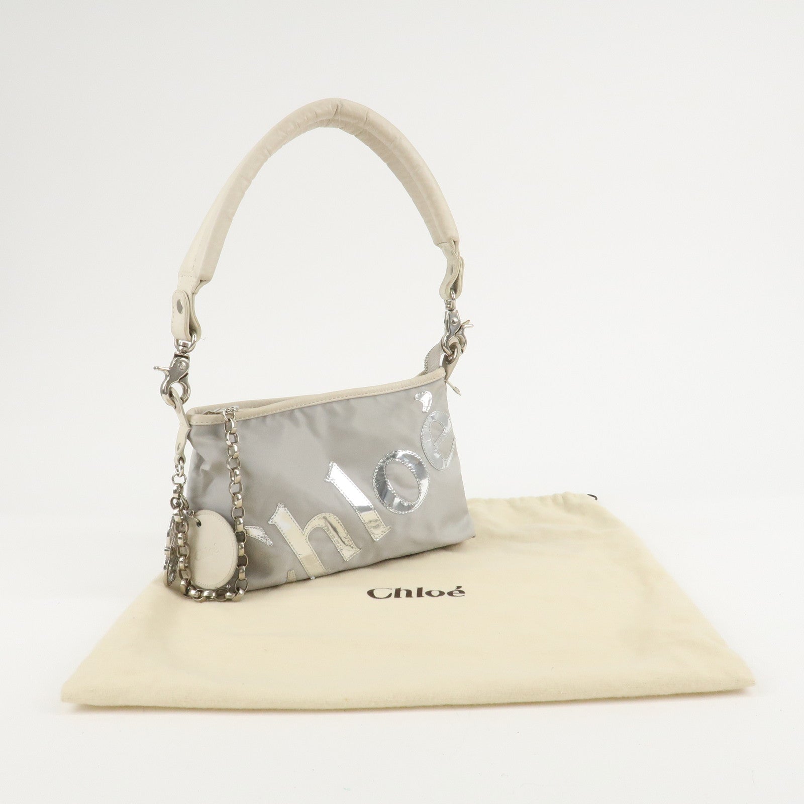 Chloe 2Way Nylon Leather Bag Shoulder Bag Light Gray White Used