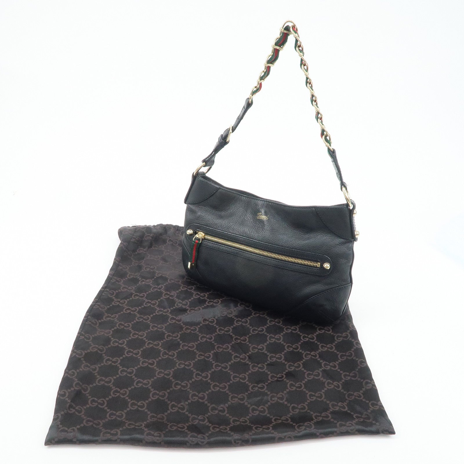 GUCCI Sherry Leather Chain Shoulder Bag Hand Bag Black 153011 Used