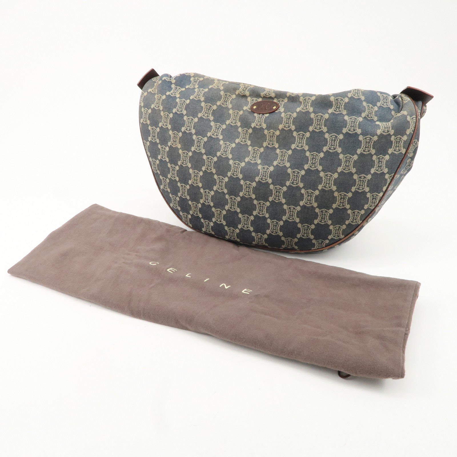 CELINE Macadam Canvas Leather Shoulder Bag Blue Brown Used