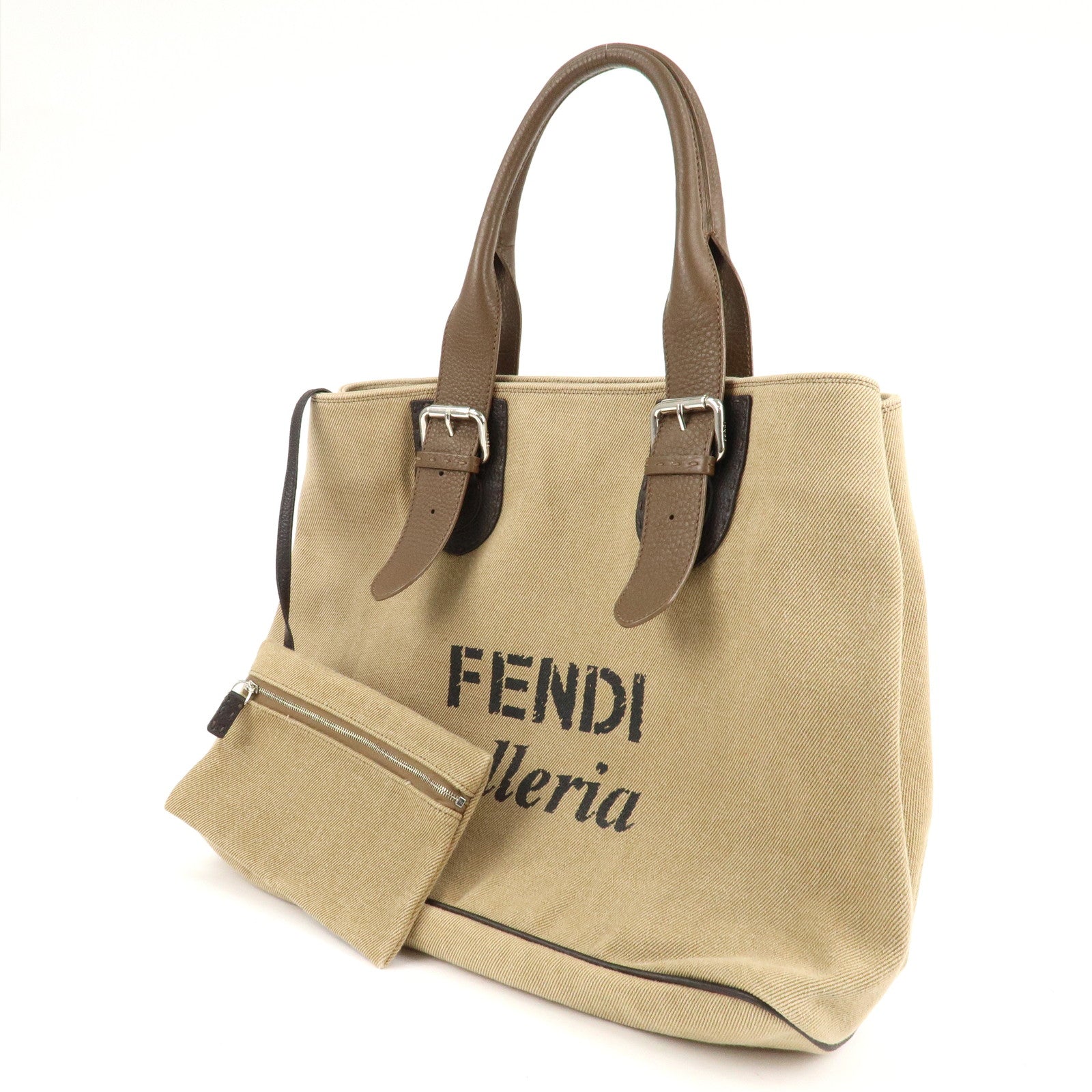 FENDI Canvas Leather Tote Bag Shoulder Bag Hand Bag Beige Used