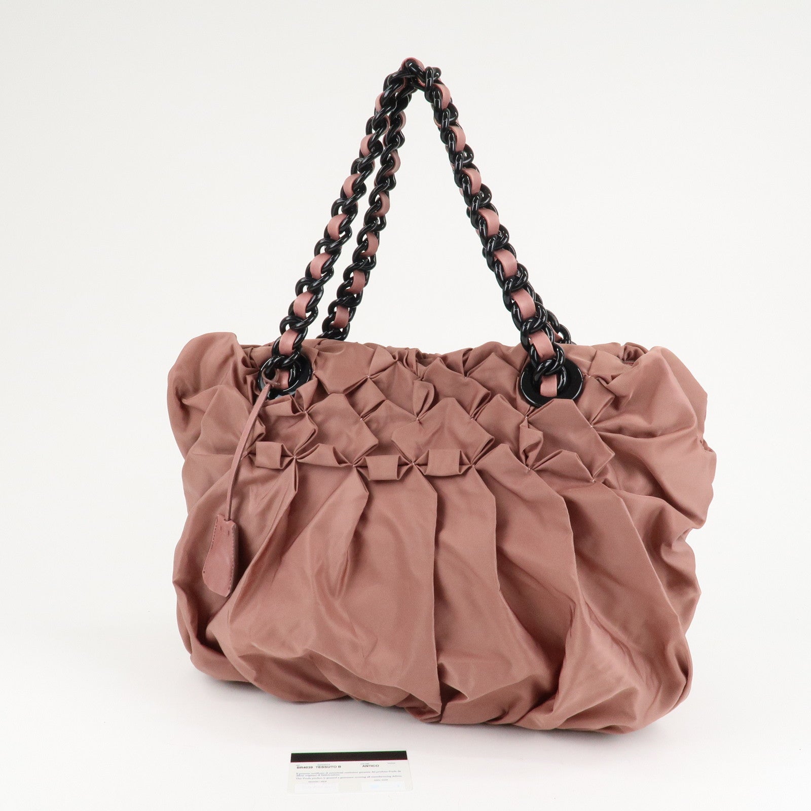 Prada Nylon Leather Gathered Chain Shoulder Tote Bag Pink Black Used