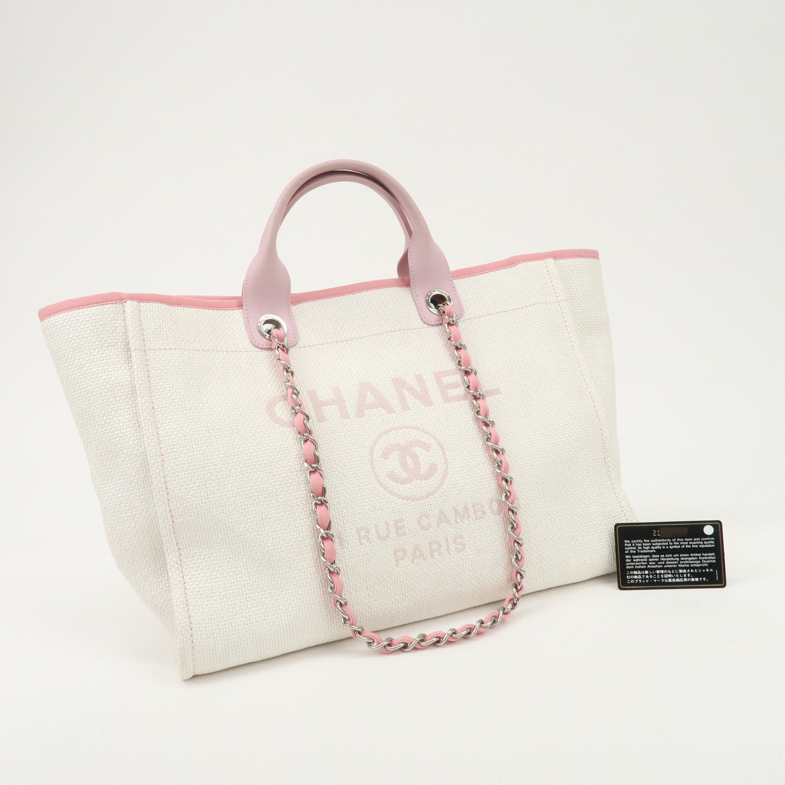 CHANEL Deauville Raffia Leather Chain Tote Bag GM Pink A66941 Used