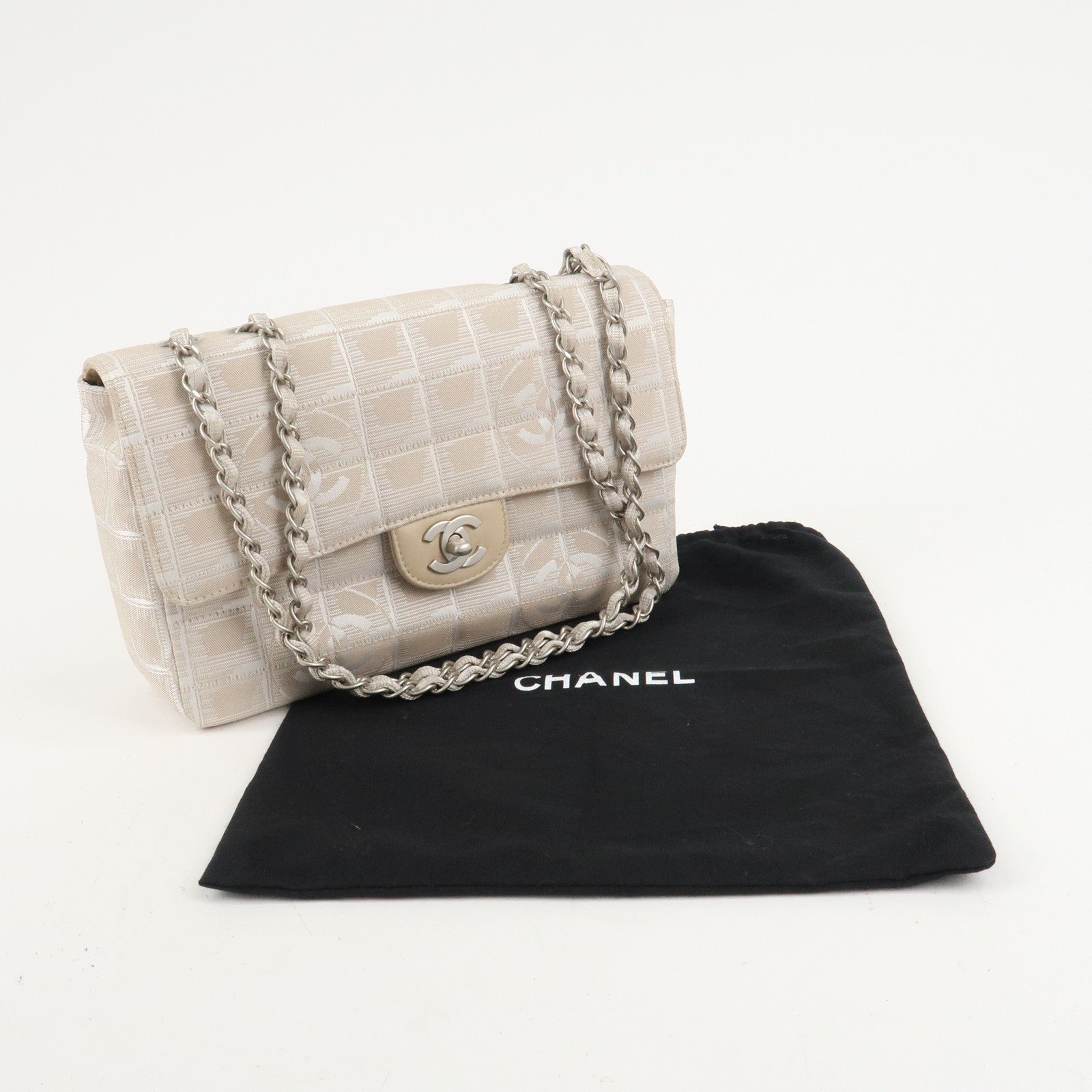 CHANEL Travel Line Chocolate Bar Nylon Jacquard Chain Bag A15285 Used