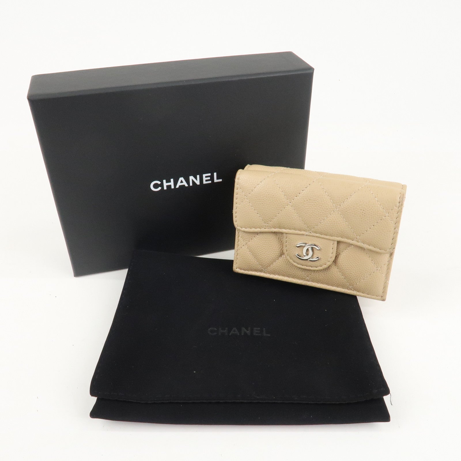 CHANEL Matelasse Cavier Skin Compact Wallet Beige Silver HDW Used