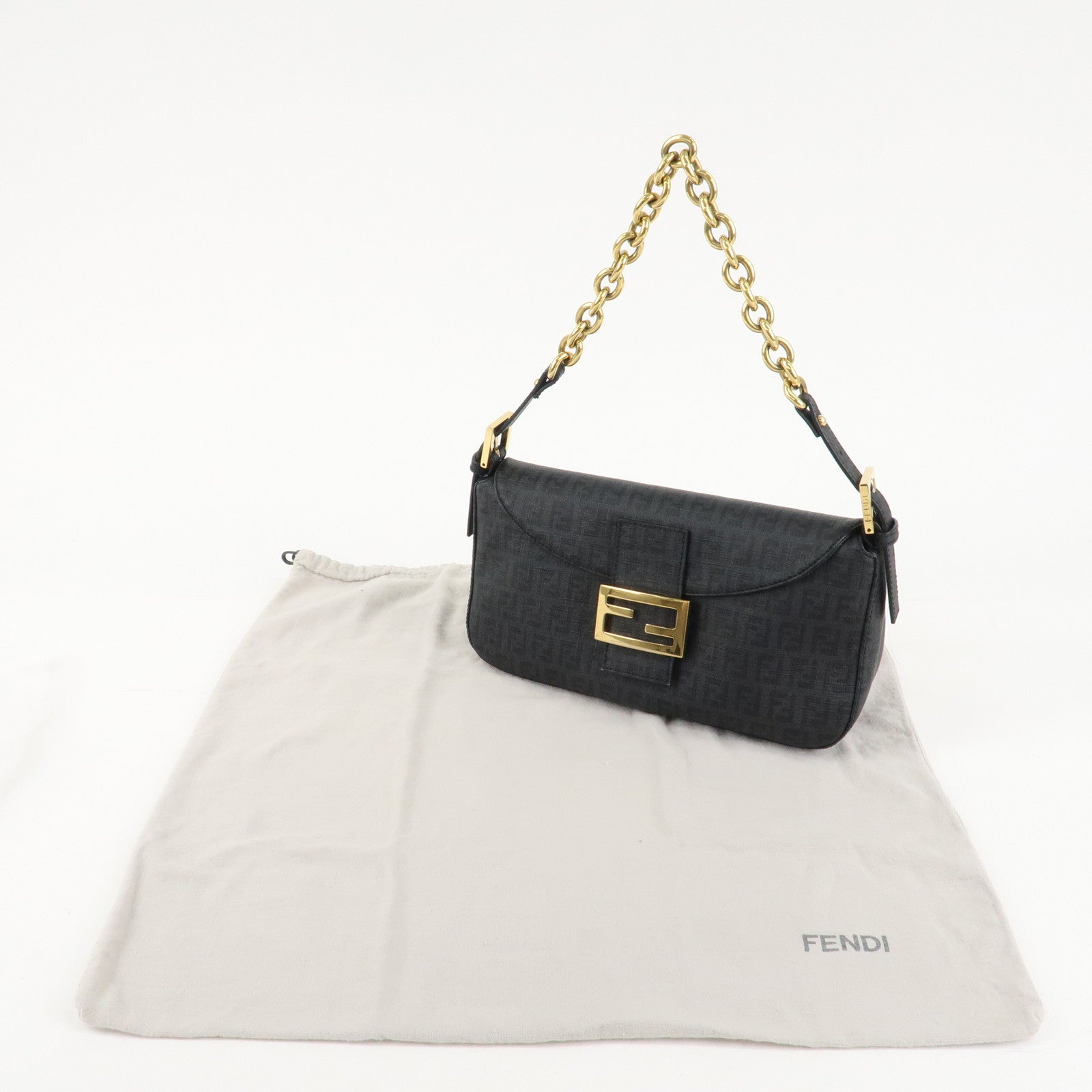 FENDI Zucchino PVC Leather Chain Shoulder Bag Gray Black 8BR003 Used