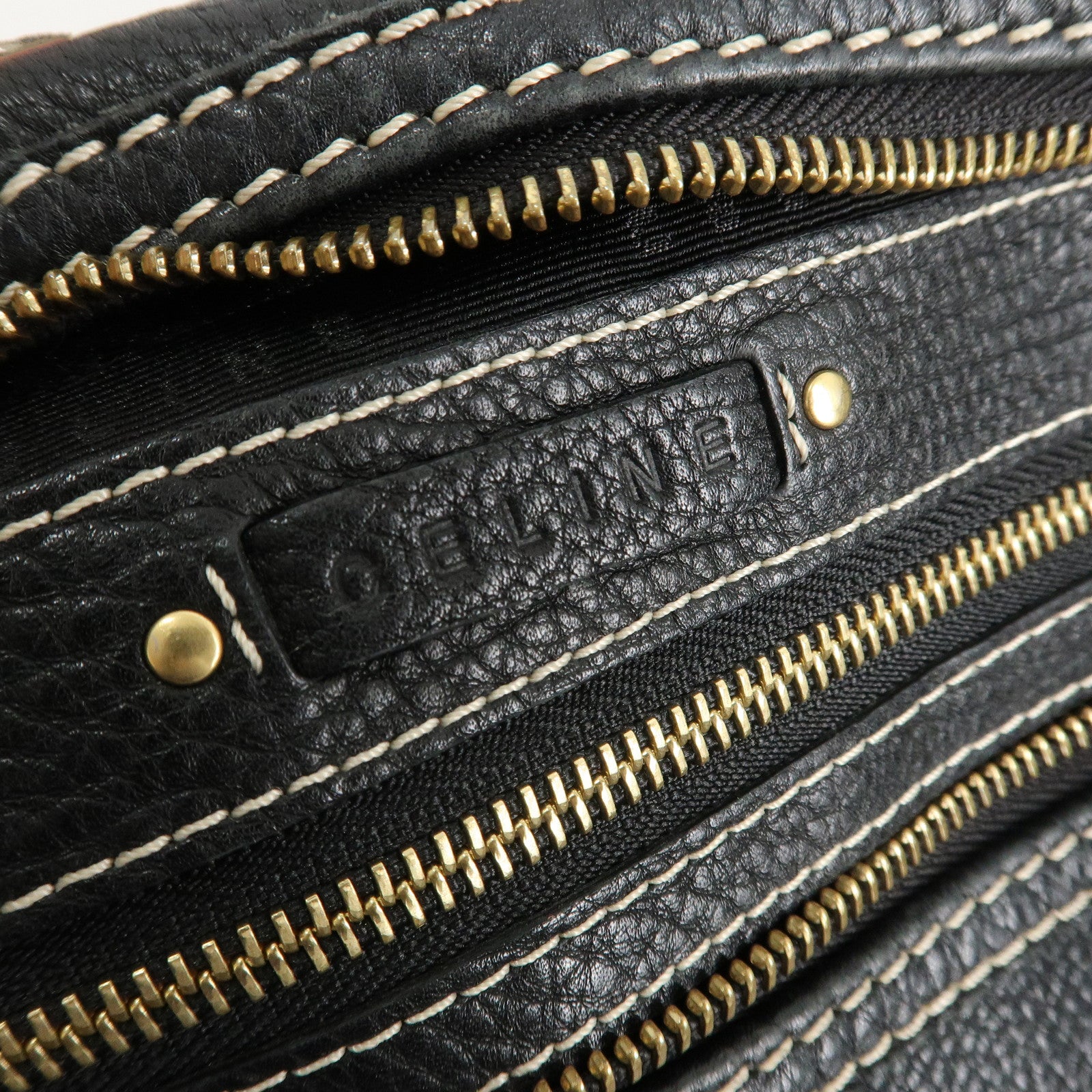 CELINE Leather Macadam Engraved Boston Bag Shoulder Bag Black Used
