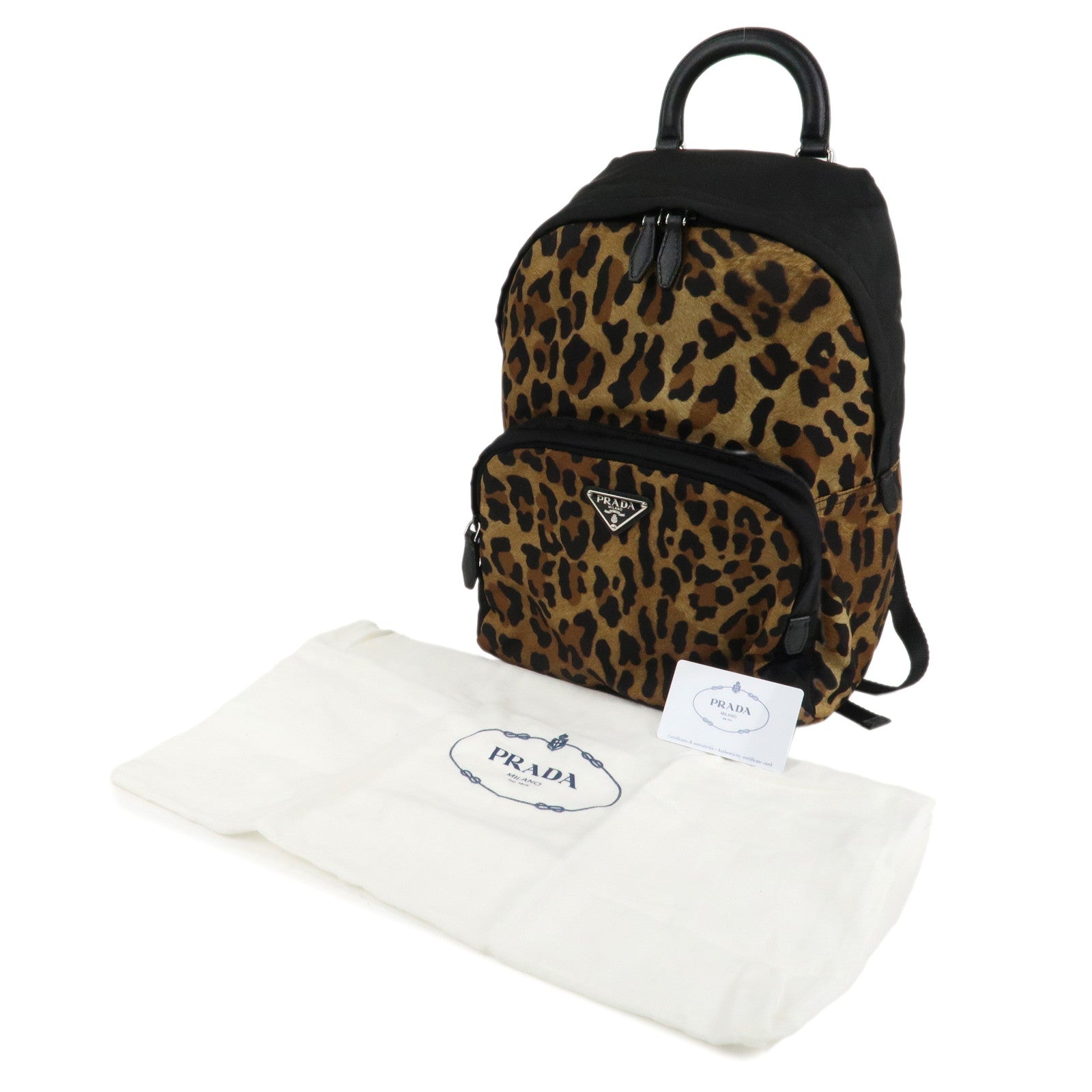 PRADA Leopard Nylon Leather Rucksack Black Brown 1BZ001 Used