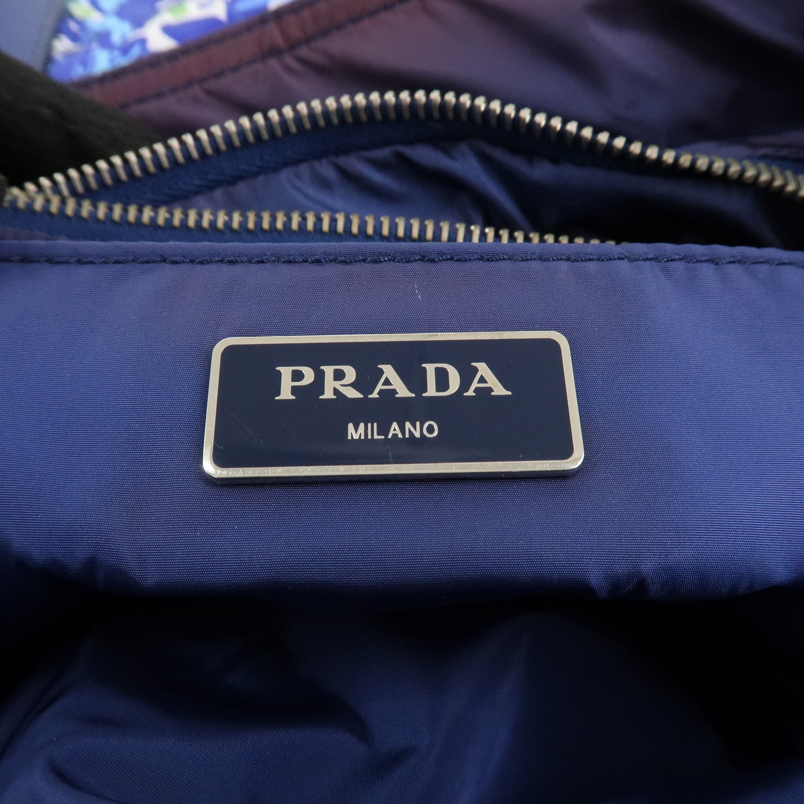 PRADA Logo Nylon Leather Tote Bag Floral Print Blue BN2851 Used