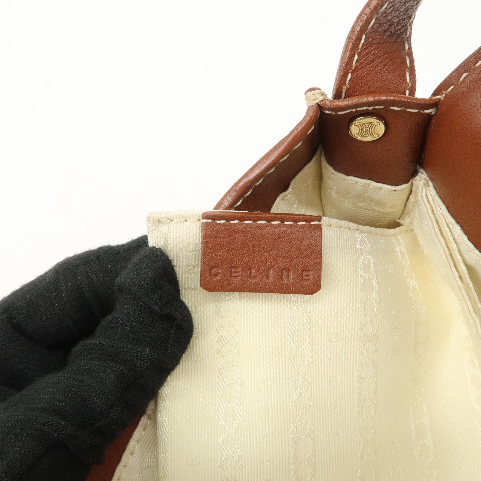 CELINE Macadam Canvas Leather Shoulder Bag Beige Navy Brown Used