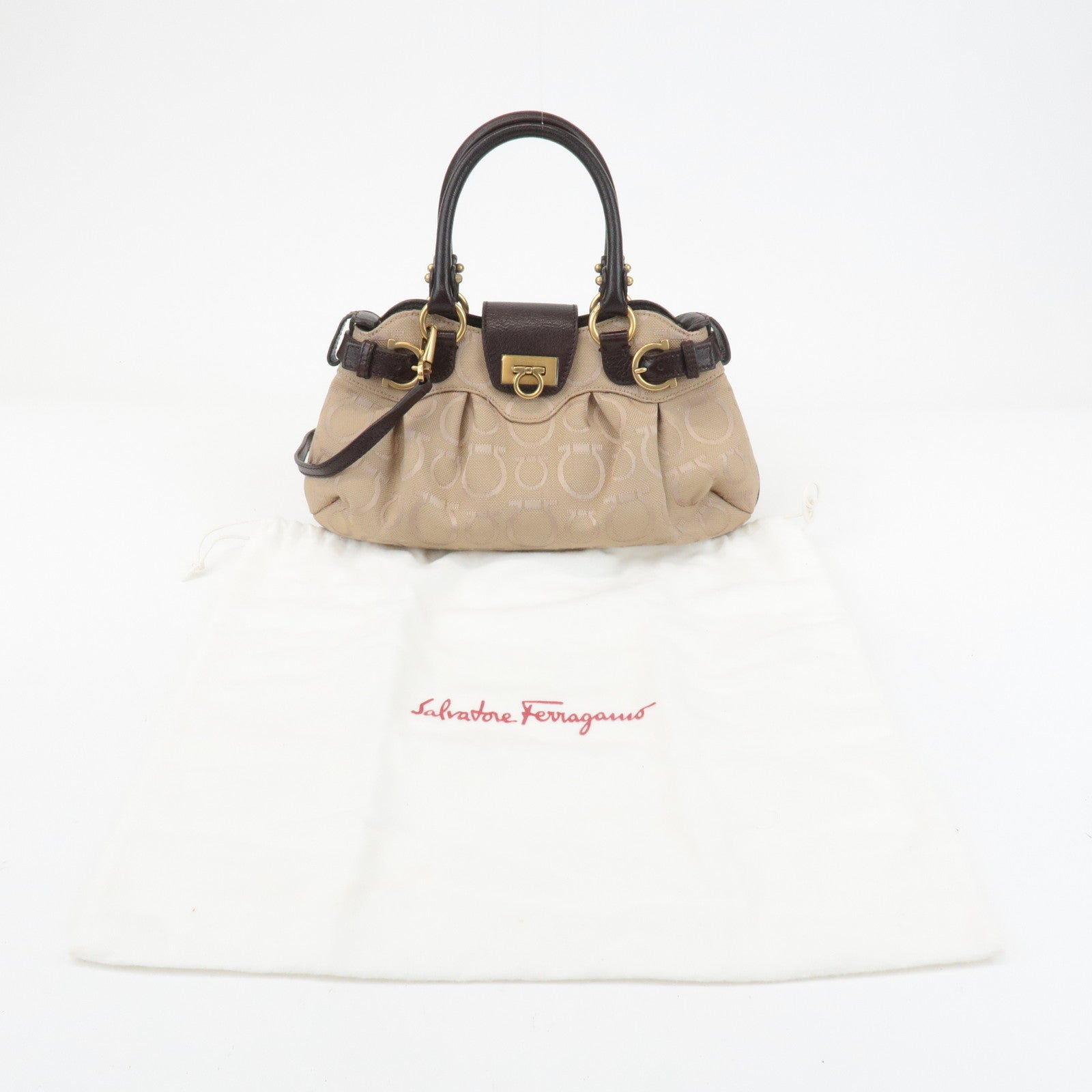 Ferragamo Gancini Canvas Leather 2Way Bag Beige Dark Brown Used