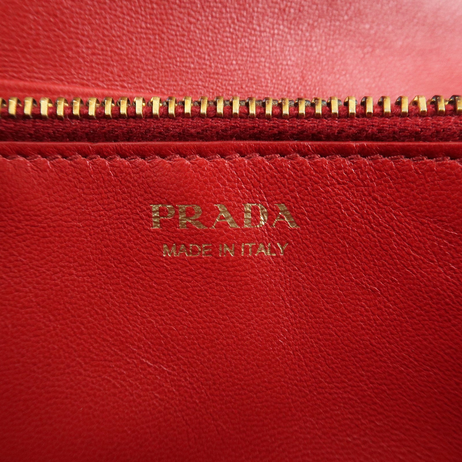 PRADA Logo Leather Bi-Fold Long Wallet Red Gold Hardware Used