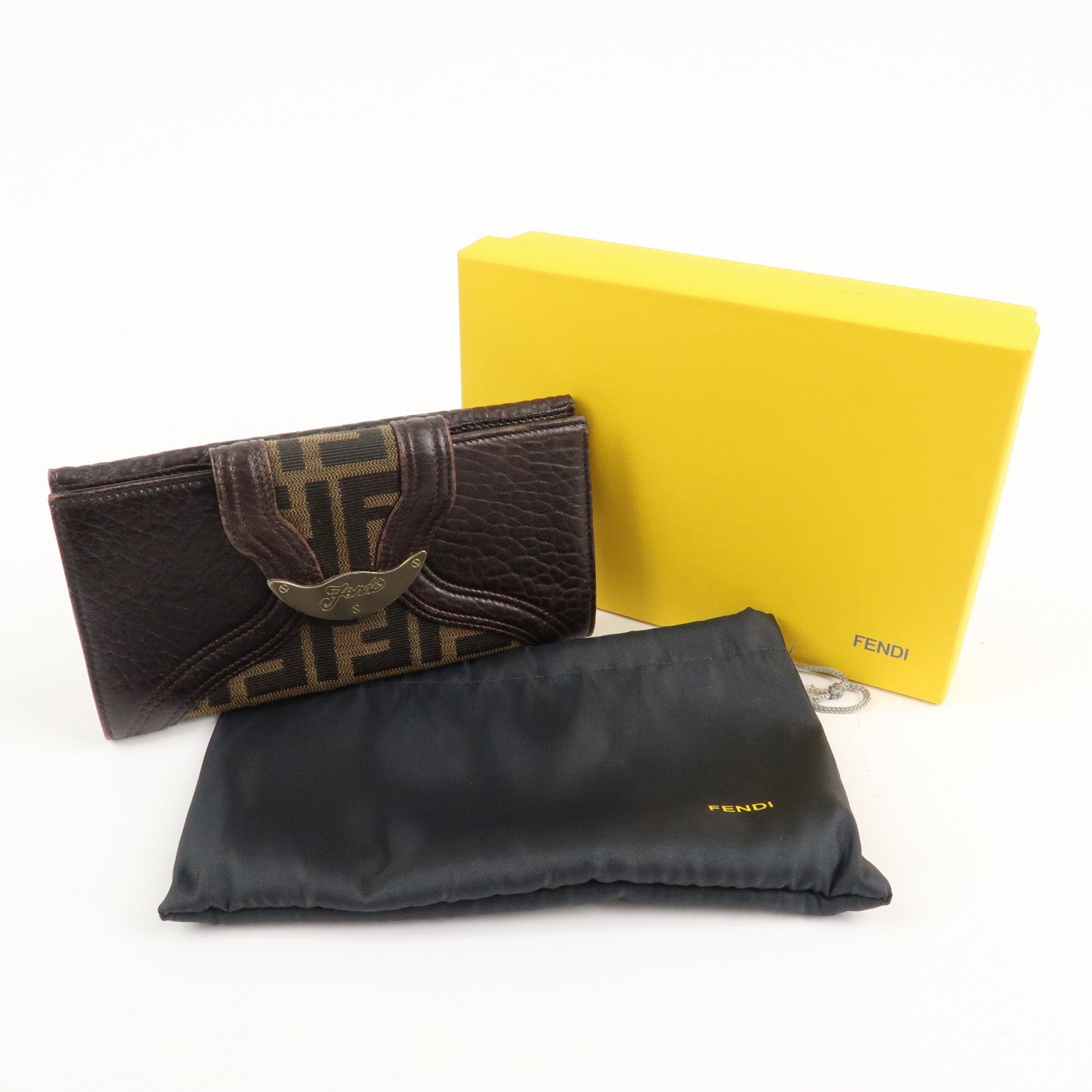 FENDI Zucca Canvas Leather W Hook Bifold Long Wallet 8N0032 Used