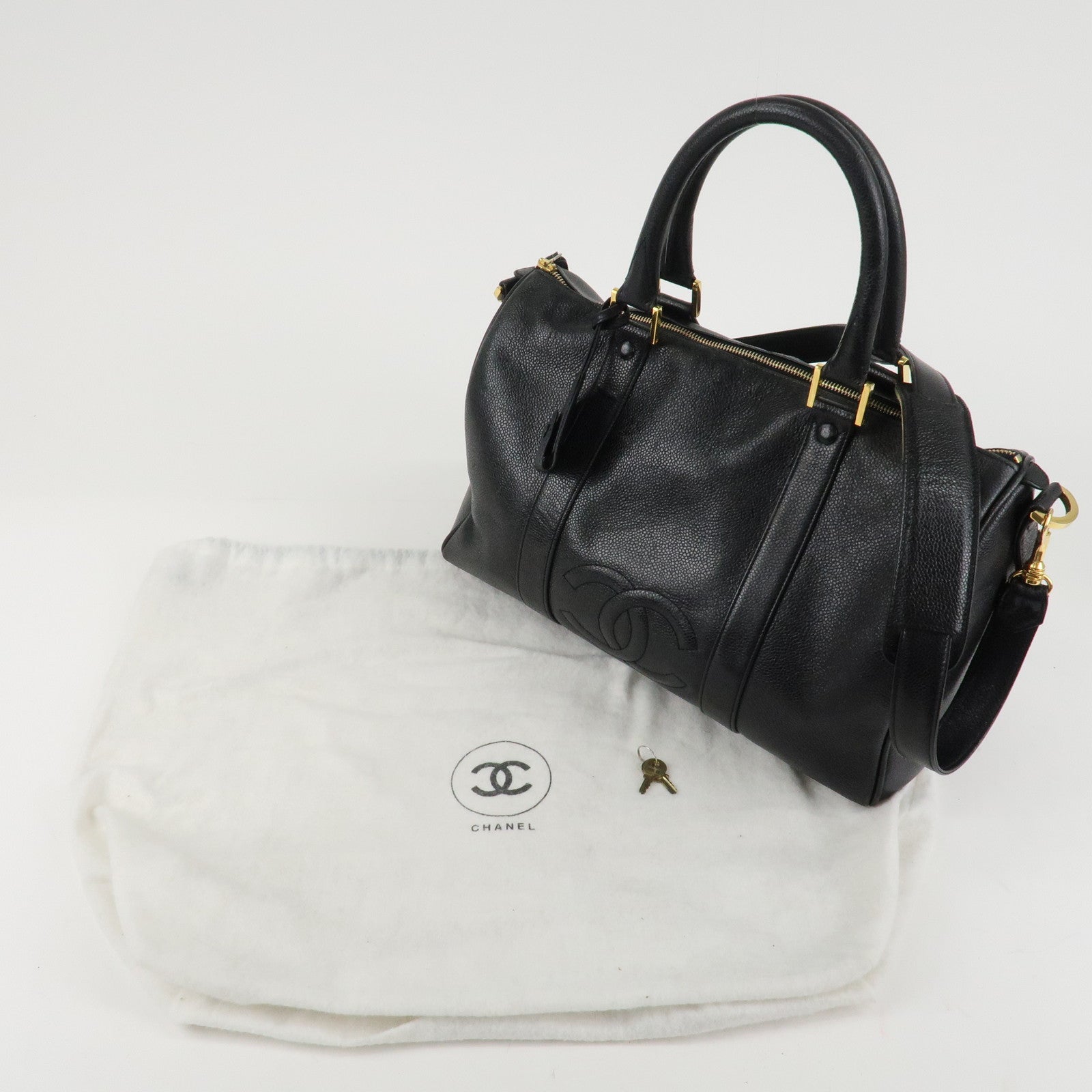 CHANEL Caviar Skin 2Way Boston Bag Hand Bag Black Used
