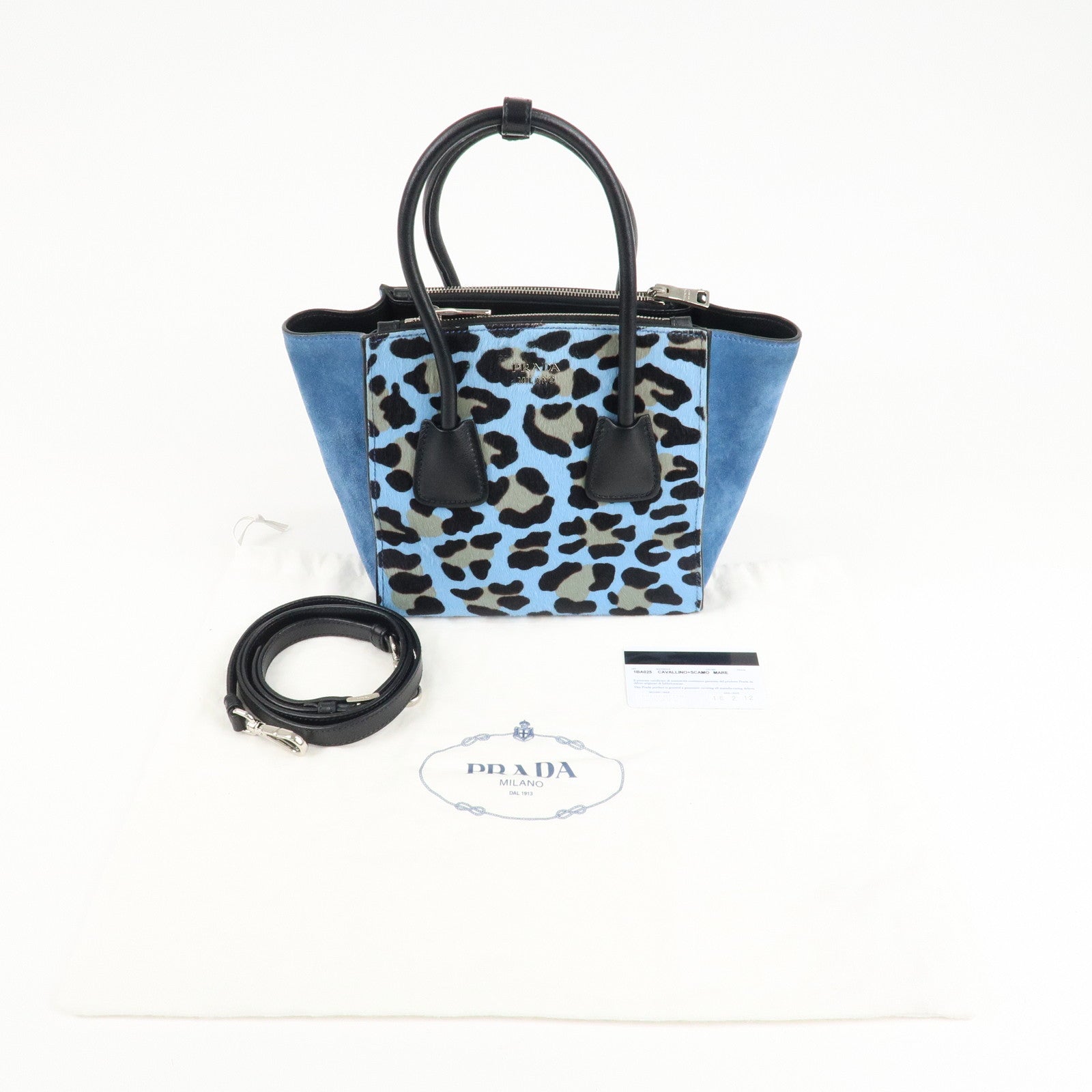 PRADA Unborn Calf Suede Leather 2Way Hand Bag Blue Black 1BA025 Used