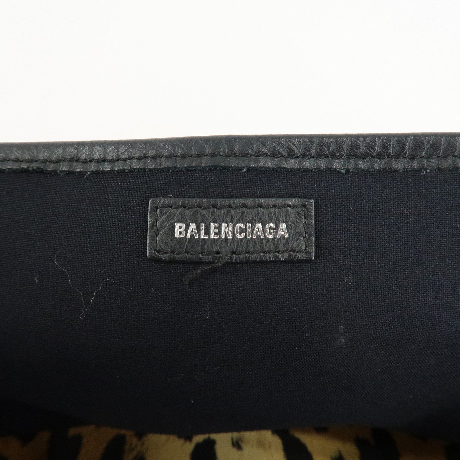 BALENCIAGA Navy Cabas S Canvas Leather Tote Bag Leopard 339933 Used