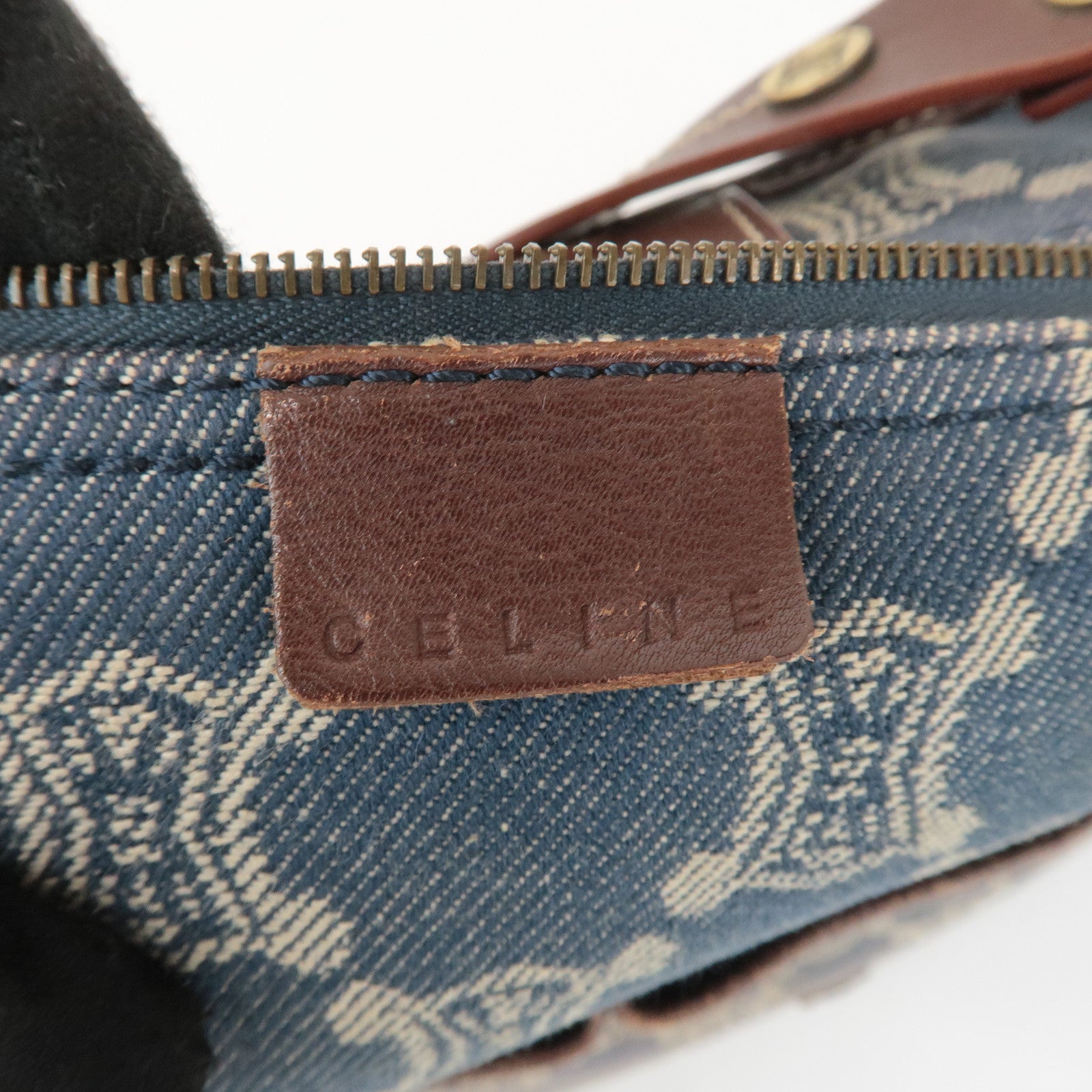 CELINE Macadam Denim Leather Shoulder Bag Blue Brown Used