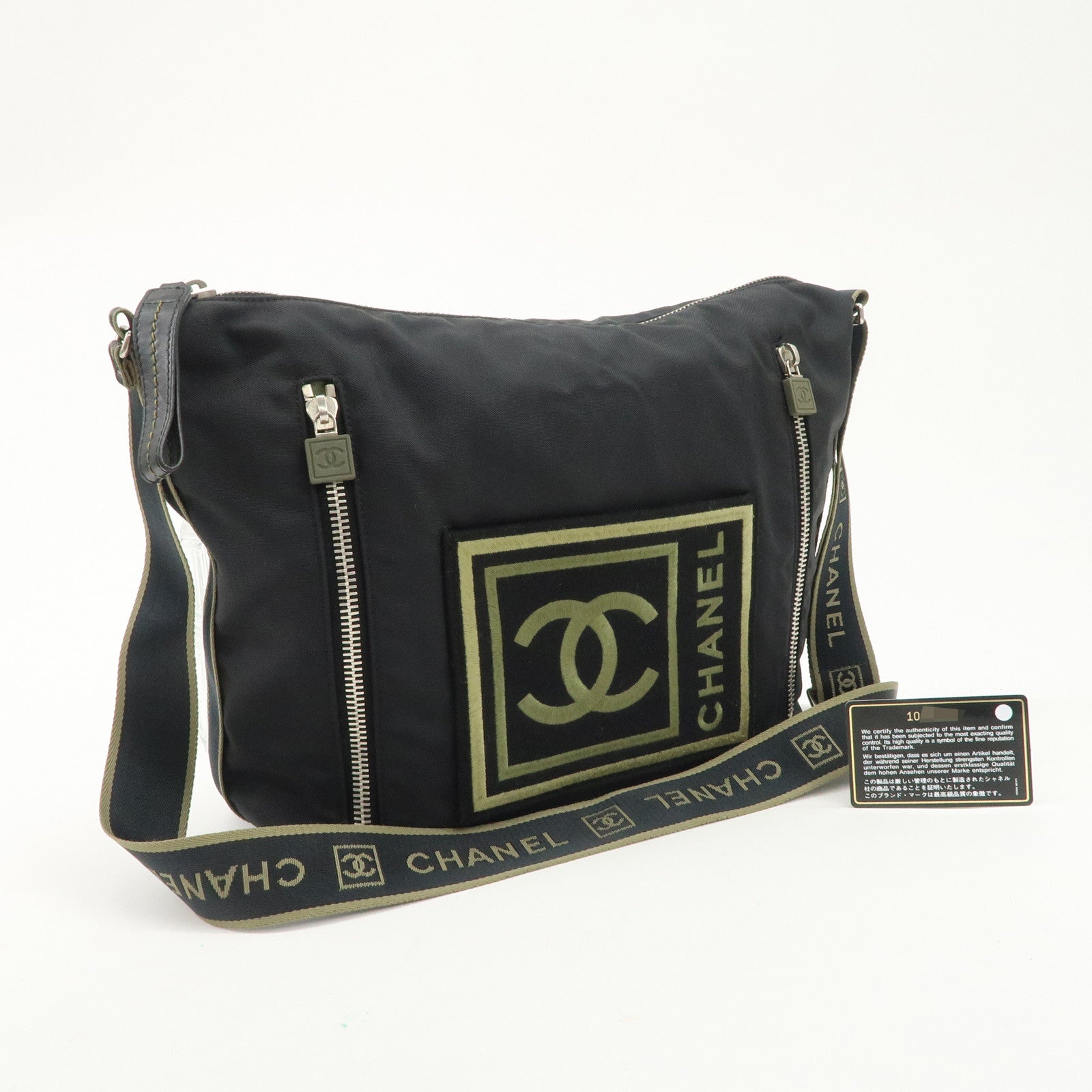 CHANEL Sports Nylon COCO Mark Shoulder Bag Black Khaki Used