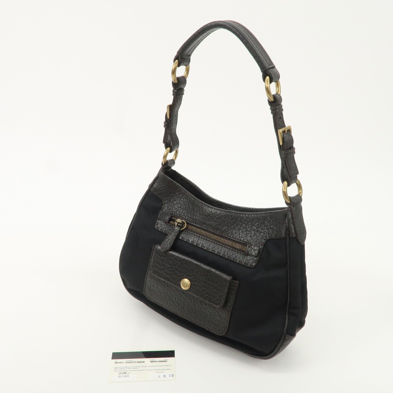 PRADA Nylon Leather Shoulder Bag Black Dark Brown BR1973 Used