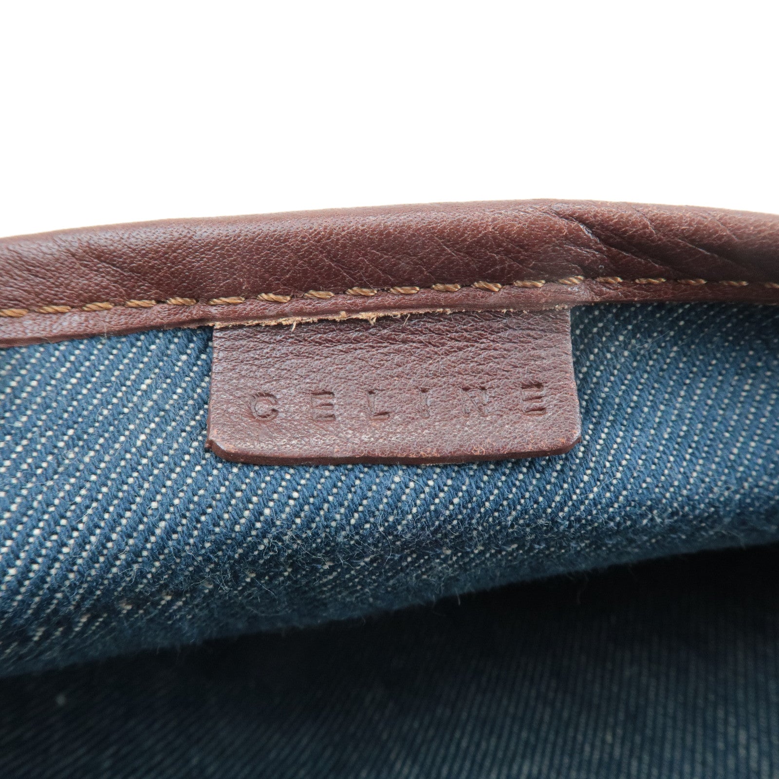 CELINE Macadam Denim Leather Shoulder Bag Blue Brown Used