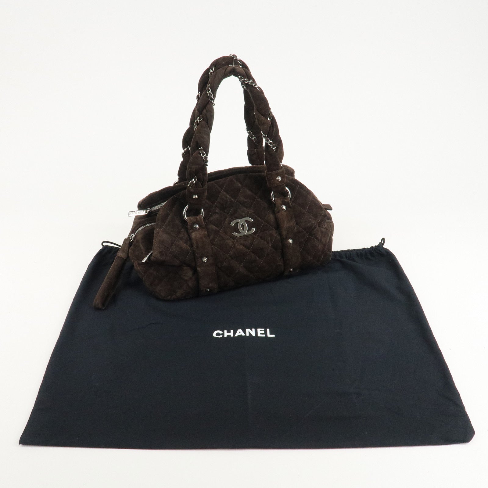 CHANEL Matelasse Suede Boston Bag Brown Silver Hardware Used