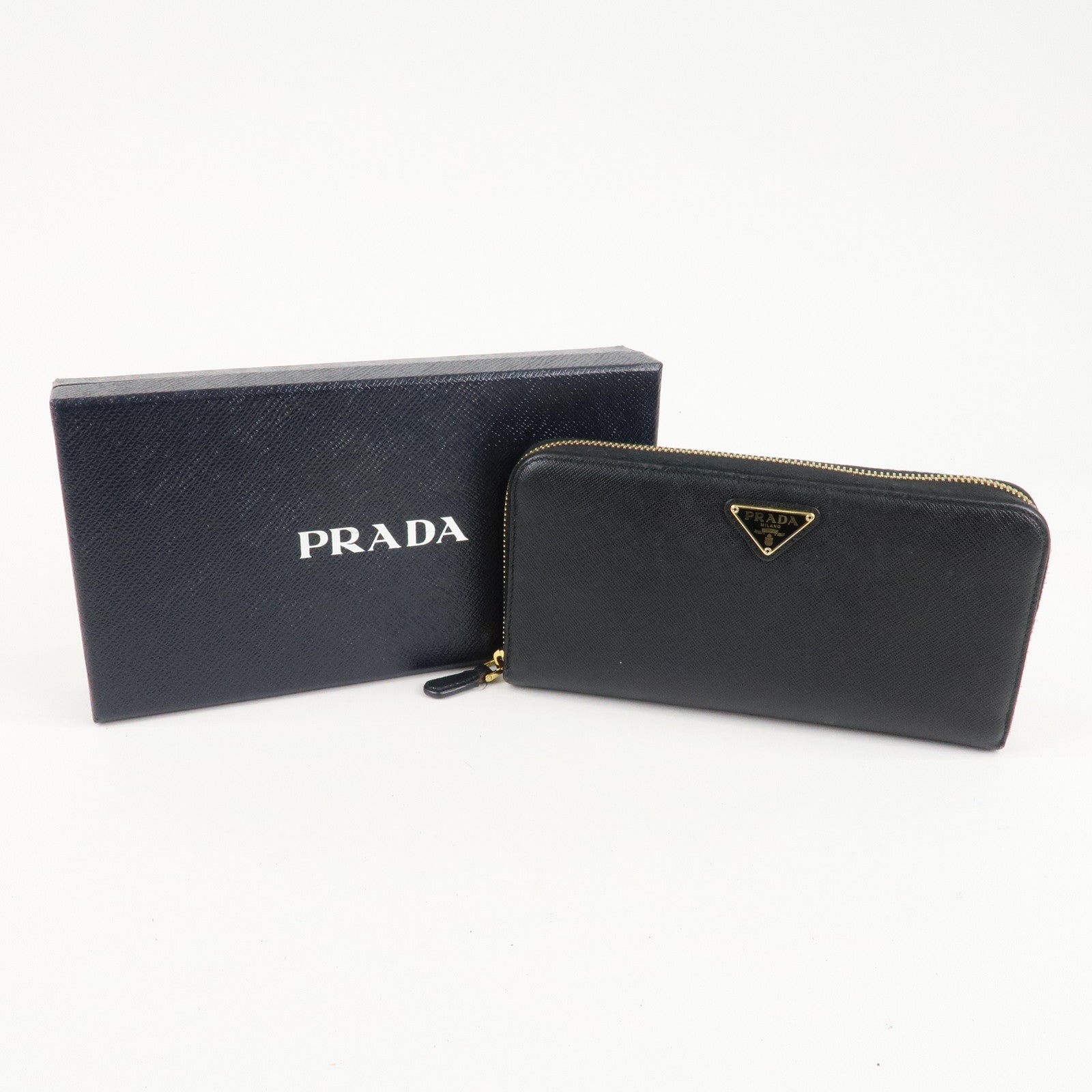 PRADA Saffiano Leather Round Zipper Long Wallet Black 1M0506 Used