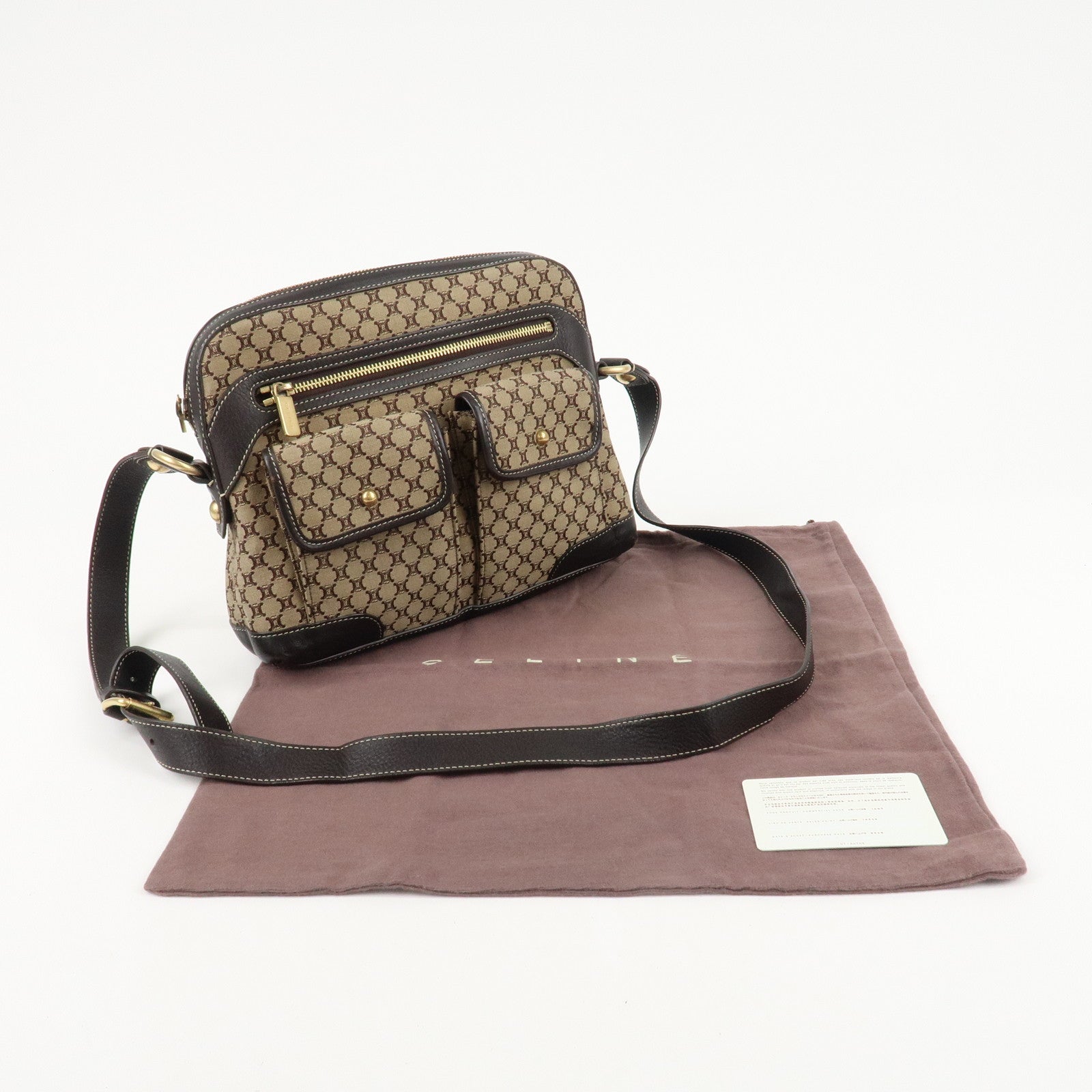 CELINE Macadam Canvas Leather Shoulder Crossbody Bag Beige Brown Used