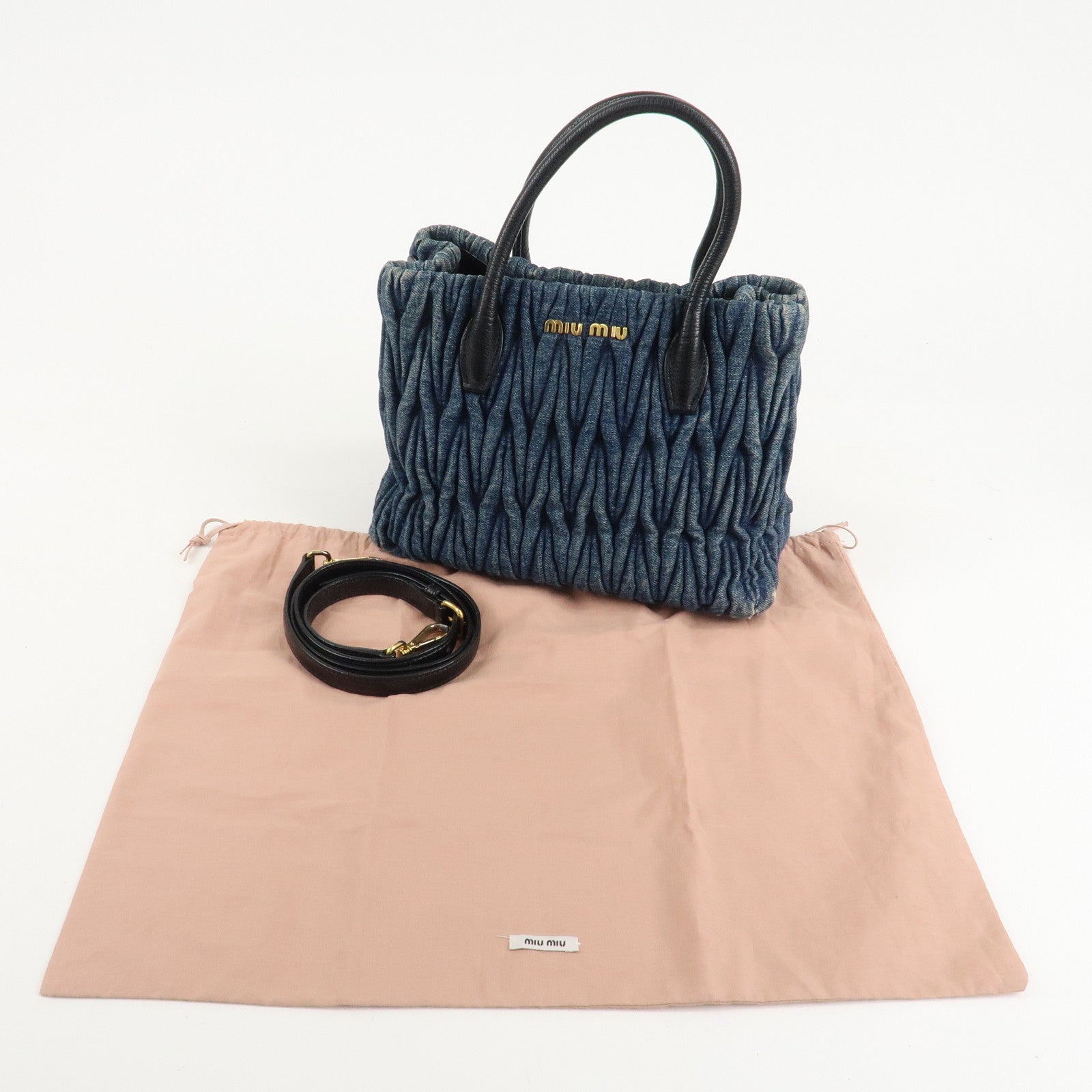 MIU MIU Matelasse Denim Leather 2Way Bag Hand Bag Blue Black Used