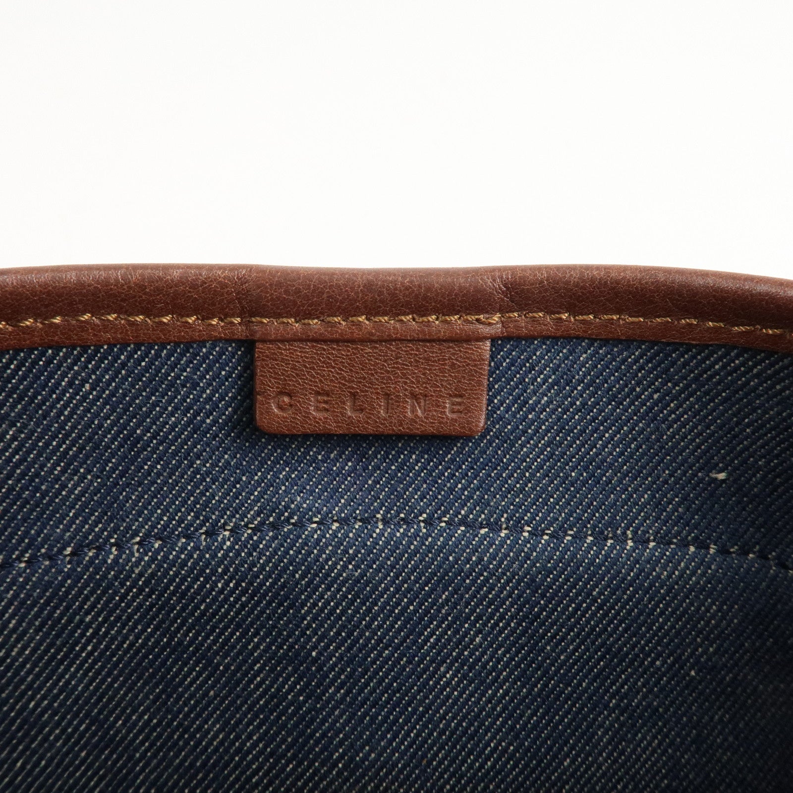 CELINE Macadam Denim Leather Shoulder Bag Blue Brown Used