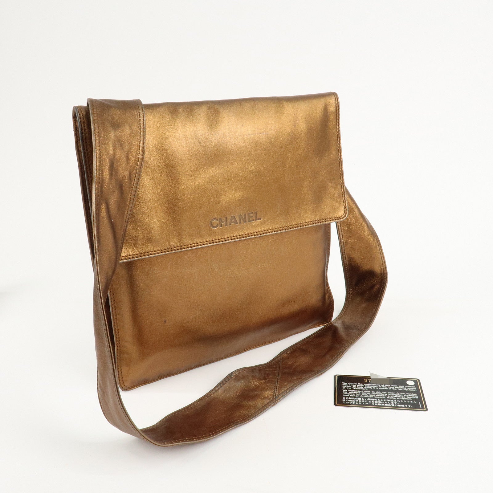 CHANEL Leather Logo Shoulder Bag Hand Bag Gold Used