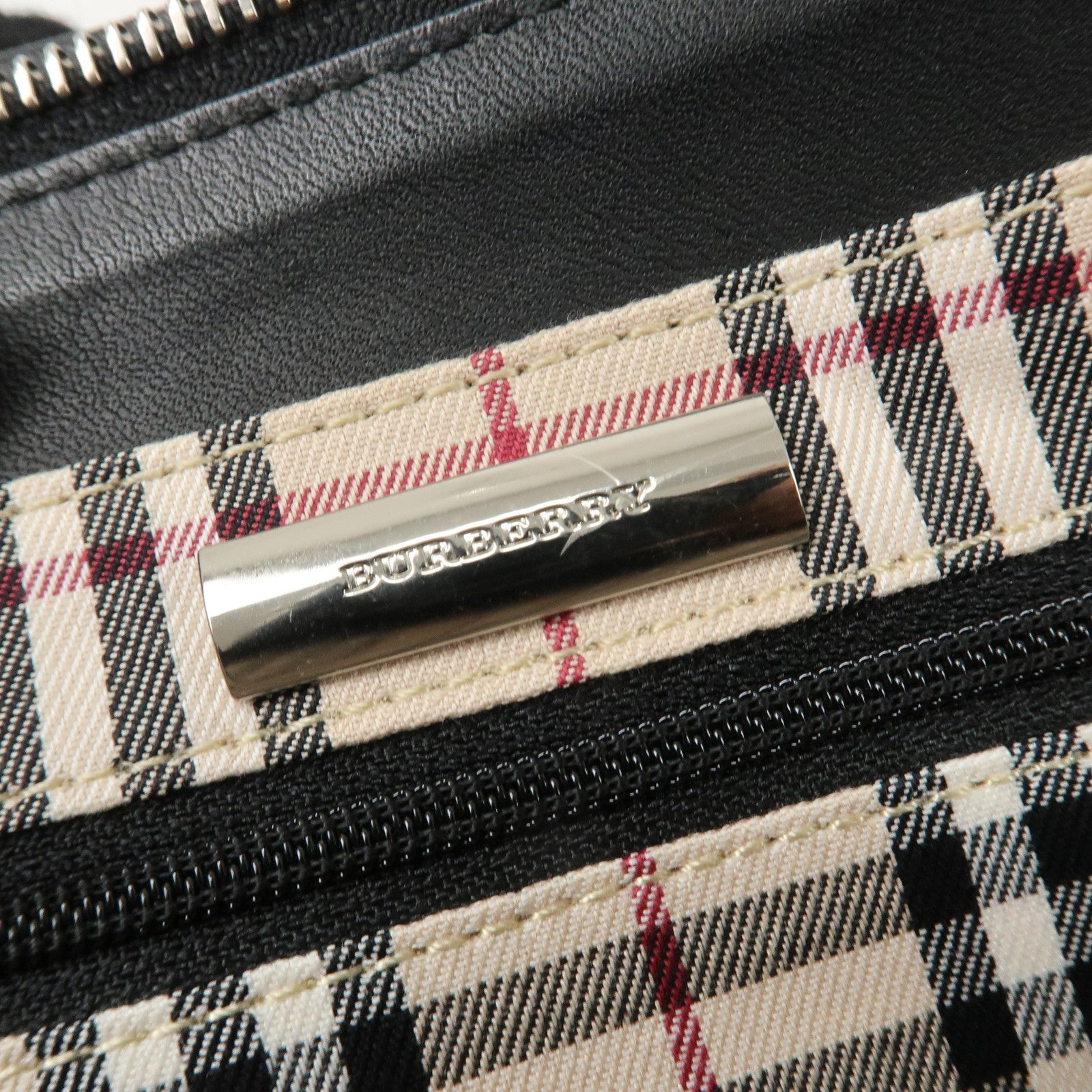 BURBERRY Leather Tote Bag Hand Bag Black Silver Hardware Used