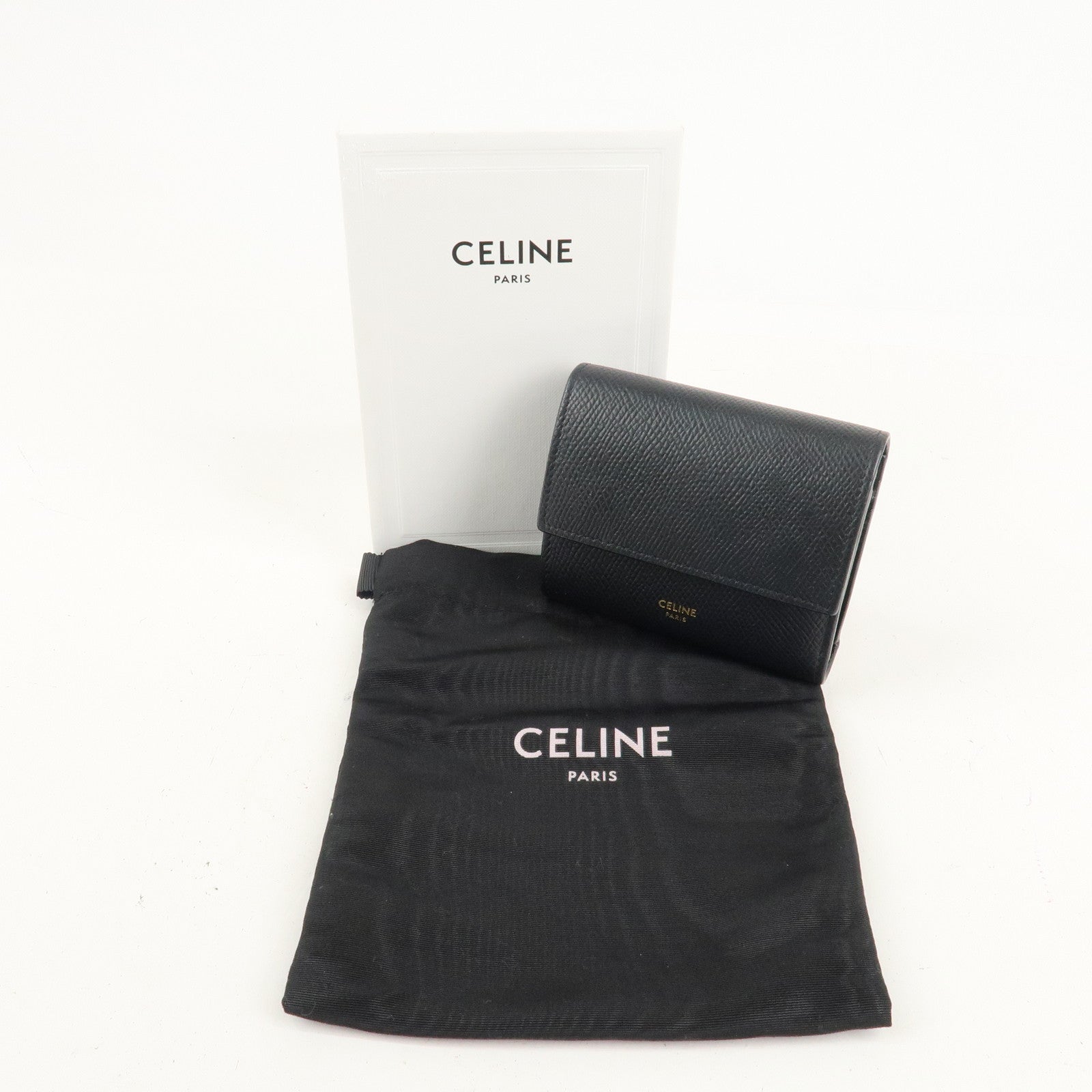 CELINE Logo Leather Small Tri-fold Wallet Black Used